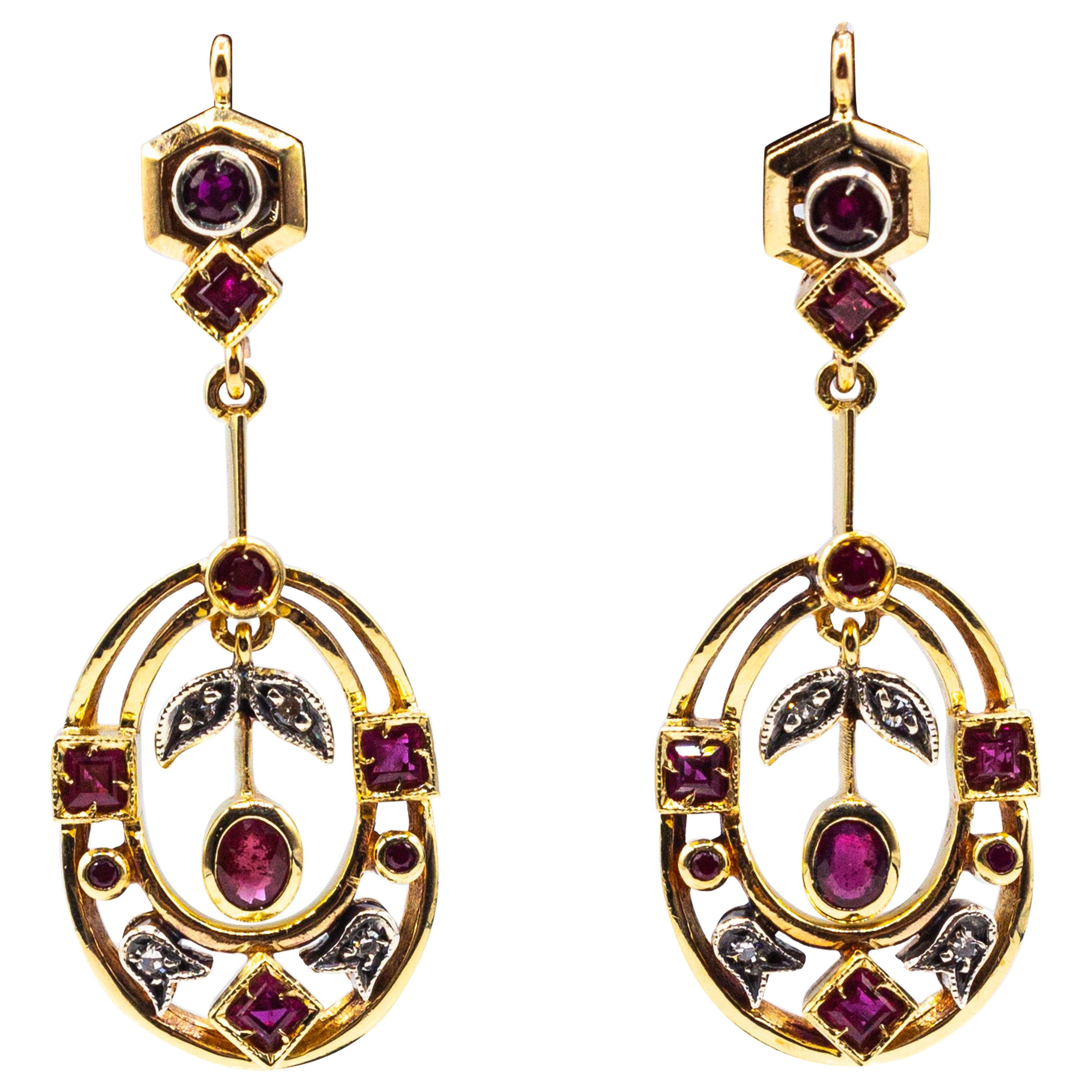 Art Deco Style Ruby White Round Cut Diamond Yellow Gold Lever-Back Earrings