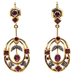 Art Deco Style Ruby White Round Cut Diamond Yellow Gold Lever-Back Earrings