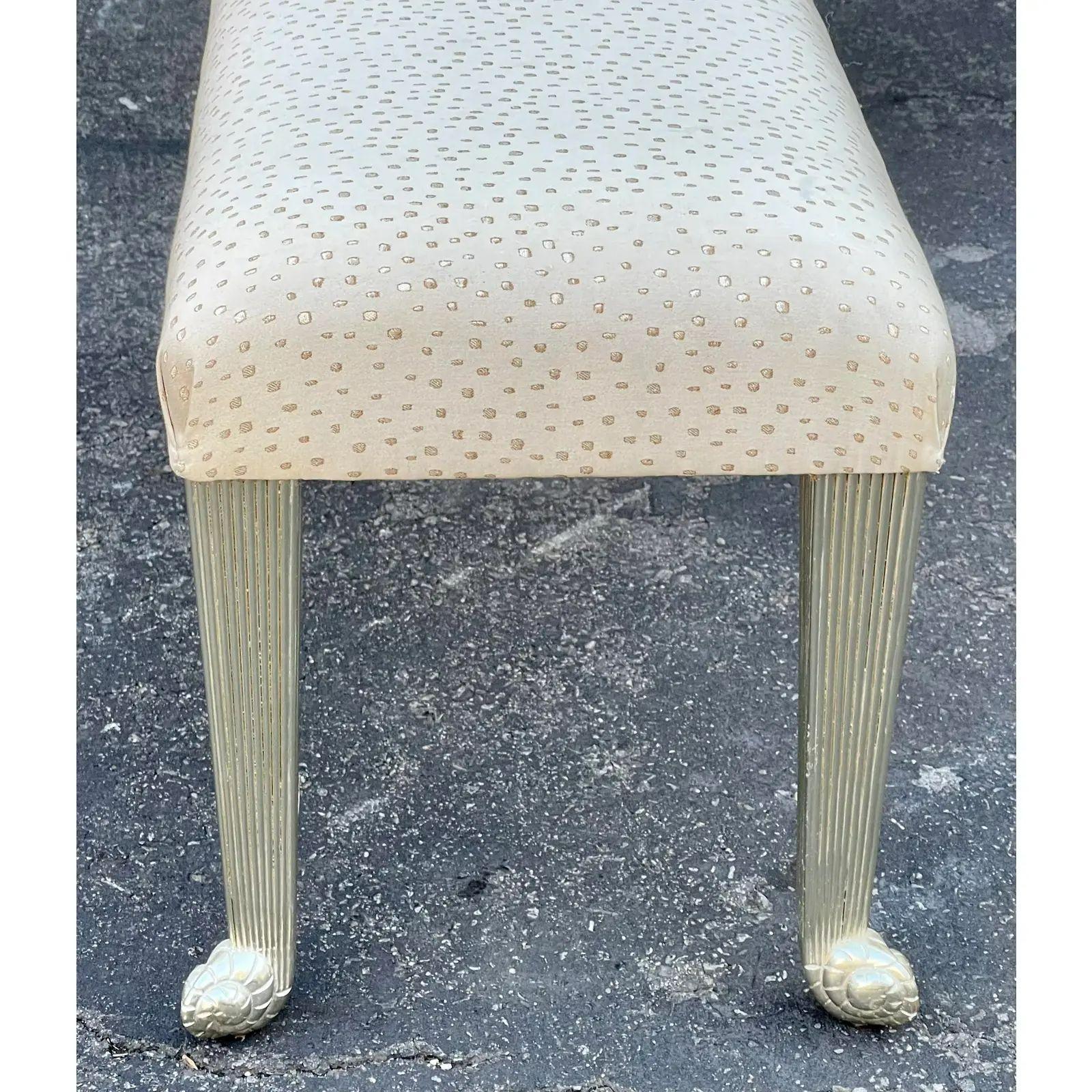 Art Deco Style Sally Sirken Lewis for J. Robert Scott giltwood bench. It features an exquisite silver leaf Giltwood finish and faux ostrich seat.

Additional information: 
Materials: Giltwood
Color: Silver
Brand: J. Robert Scott
Designer: