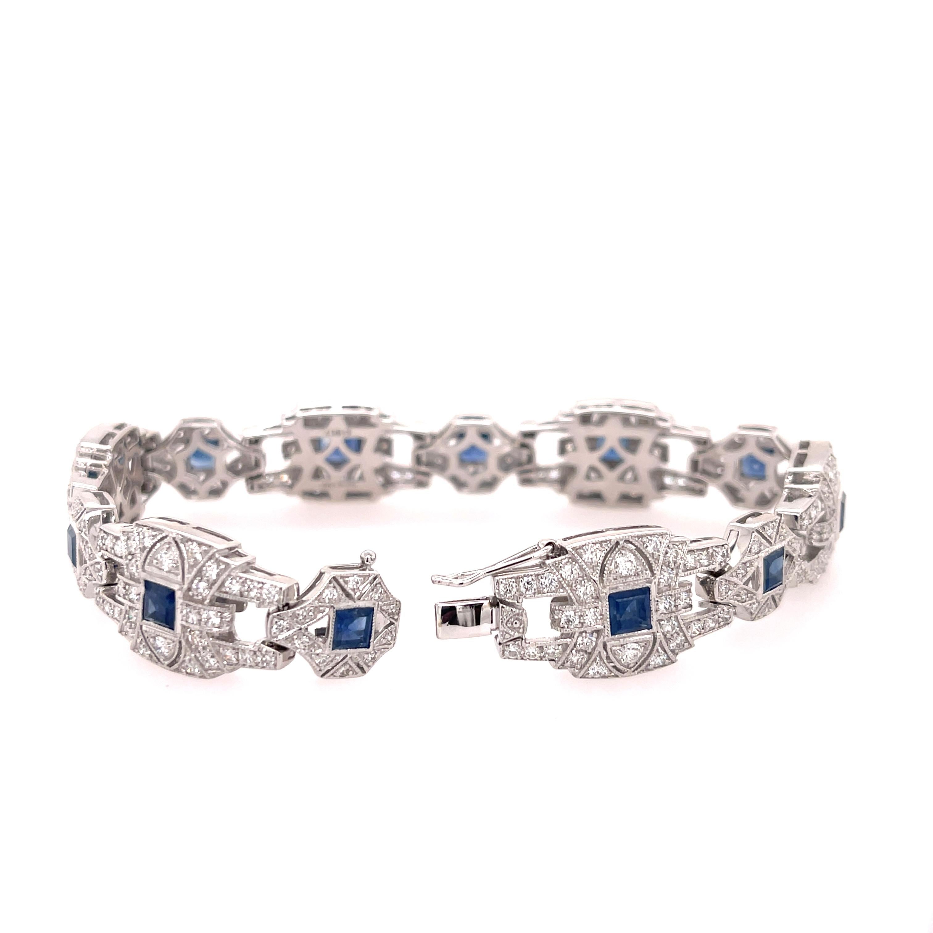 Art Deco style bracelet with sapphires and diamonds set in 14K white gold. The bracelet features 4ctw of princess cut sapphires and 3.78ctw if diamonds. 