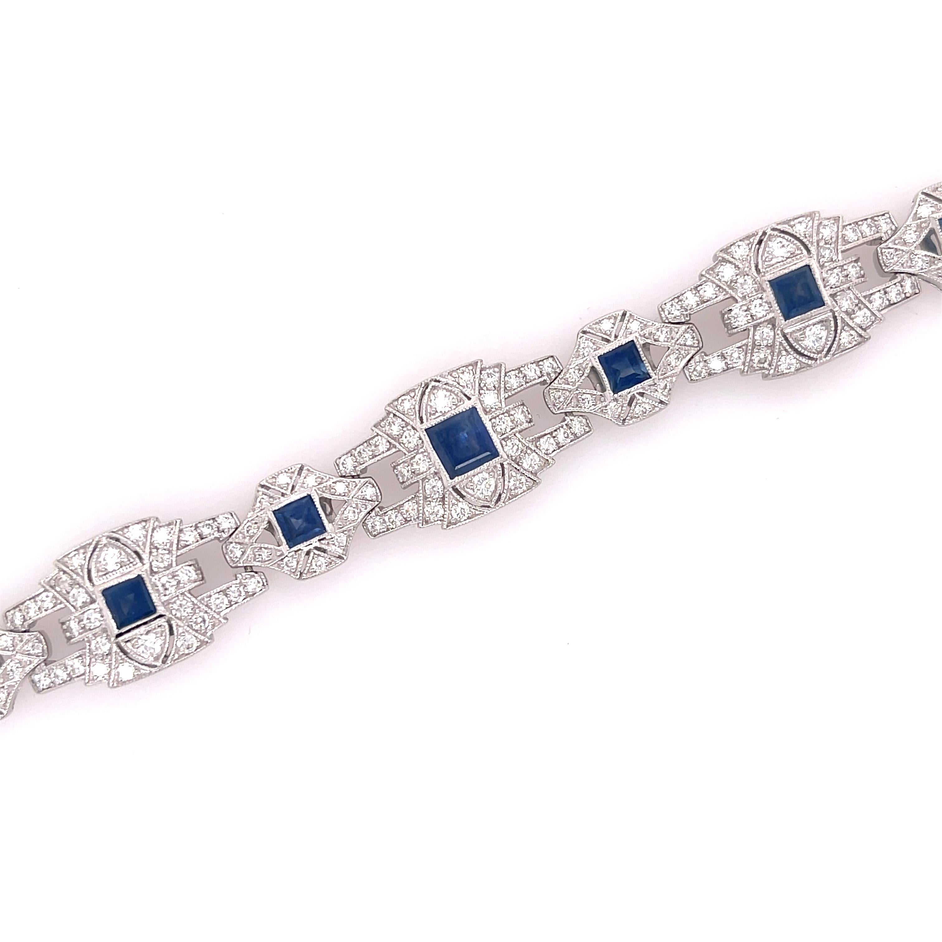Princess Cut Art Deco Style Sapphire and Diamond Bracelet White Gold