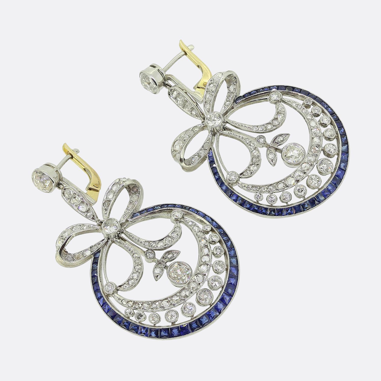 Old Mine Cut Art Deco Style Sapphire and Diamond Drop Earrings