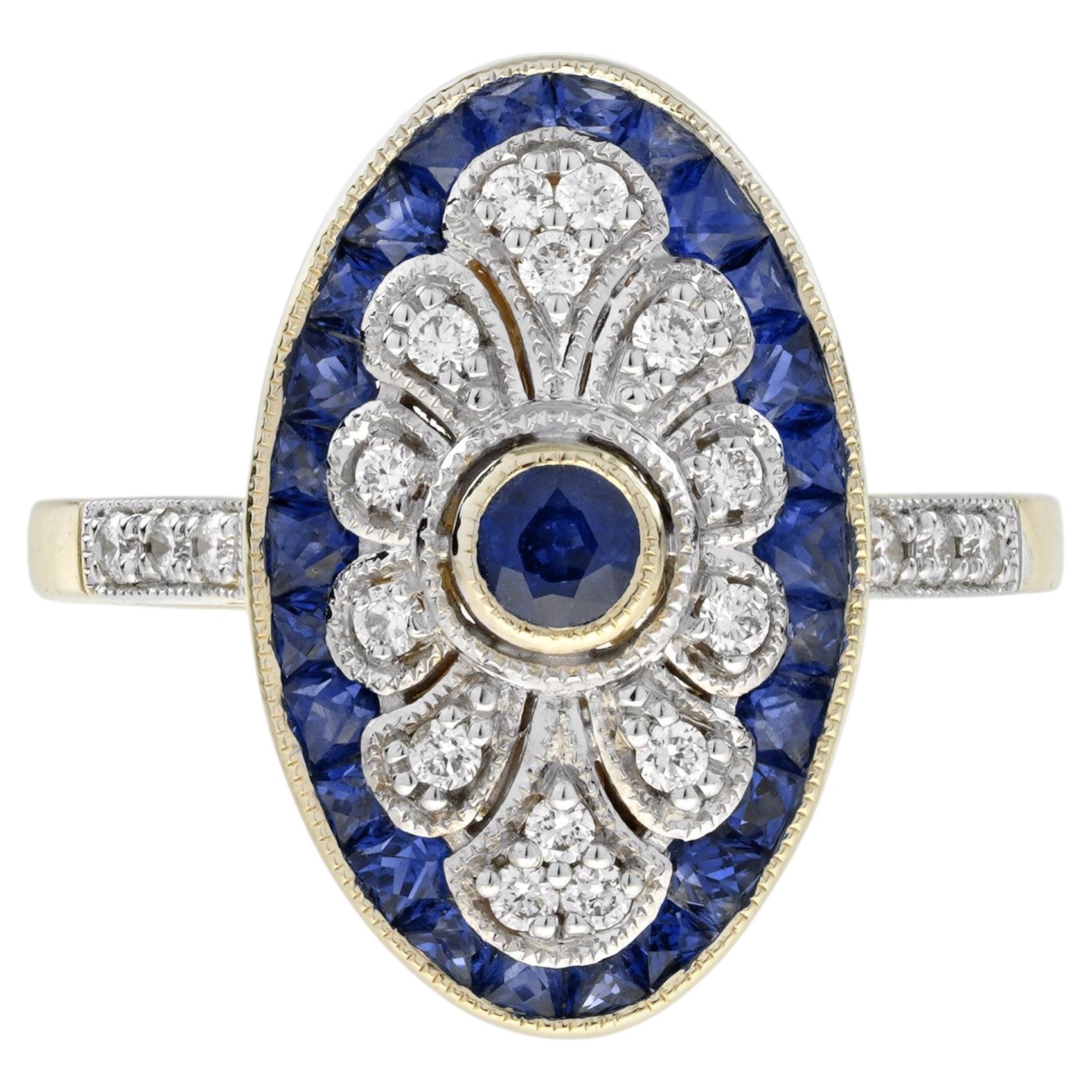 Cocktailring im Art-Déco-Stil mit Saphir und Diamanten in länglicher ovaler Form aus 14-karätigem Gold