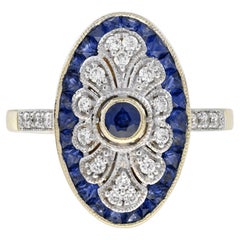 Art Deco Style Sapphire and Diamond Elongated Oval Cocktail Ring in 14K Gold