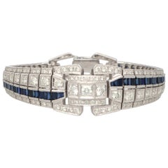 Art Deco Style Sapphire and Diamond Panel Bracelet Set in 18k White Gold