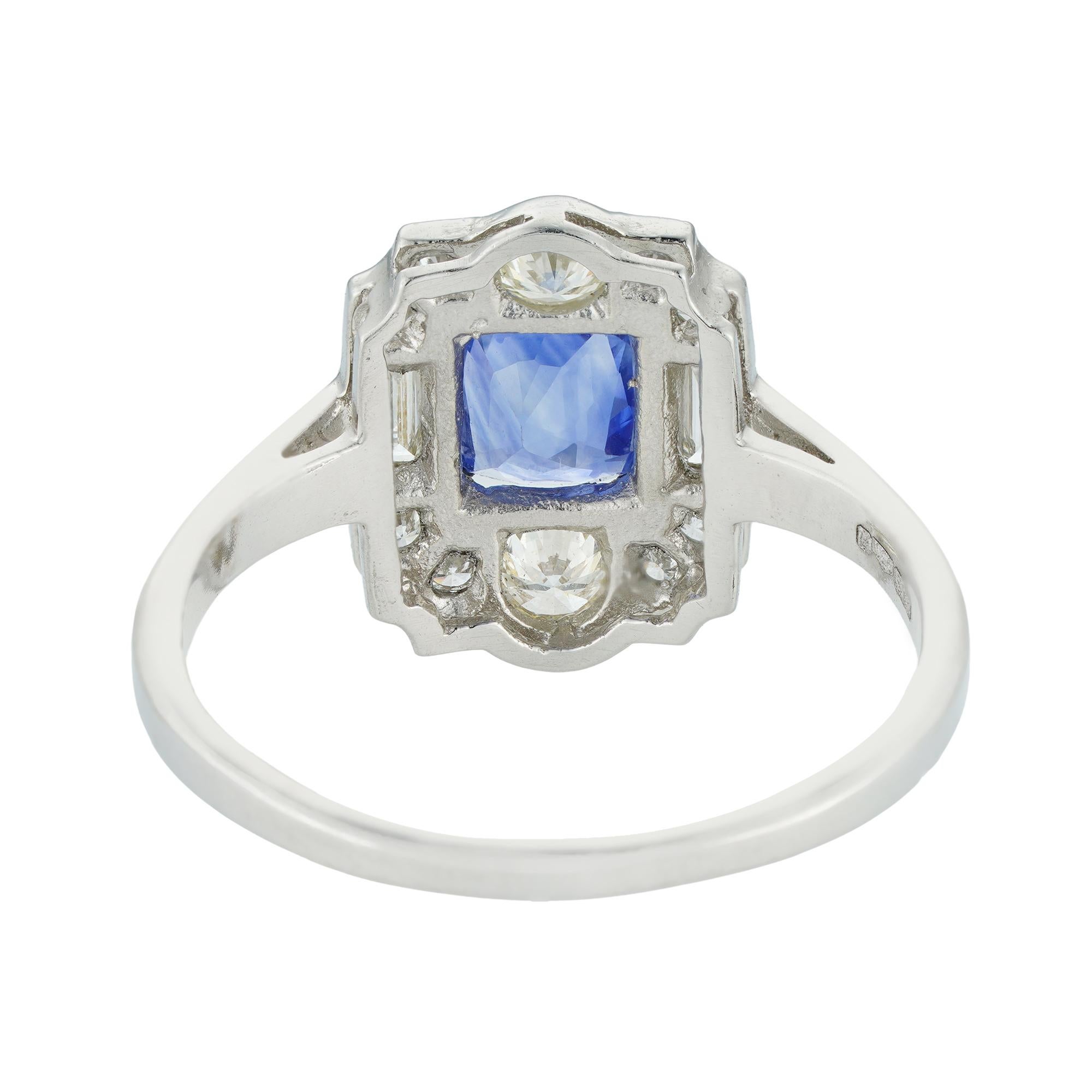 Cushion Cut Art Deco Style Sapphire and Diamond Plaque Ring