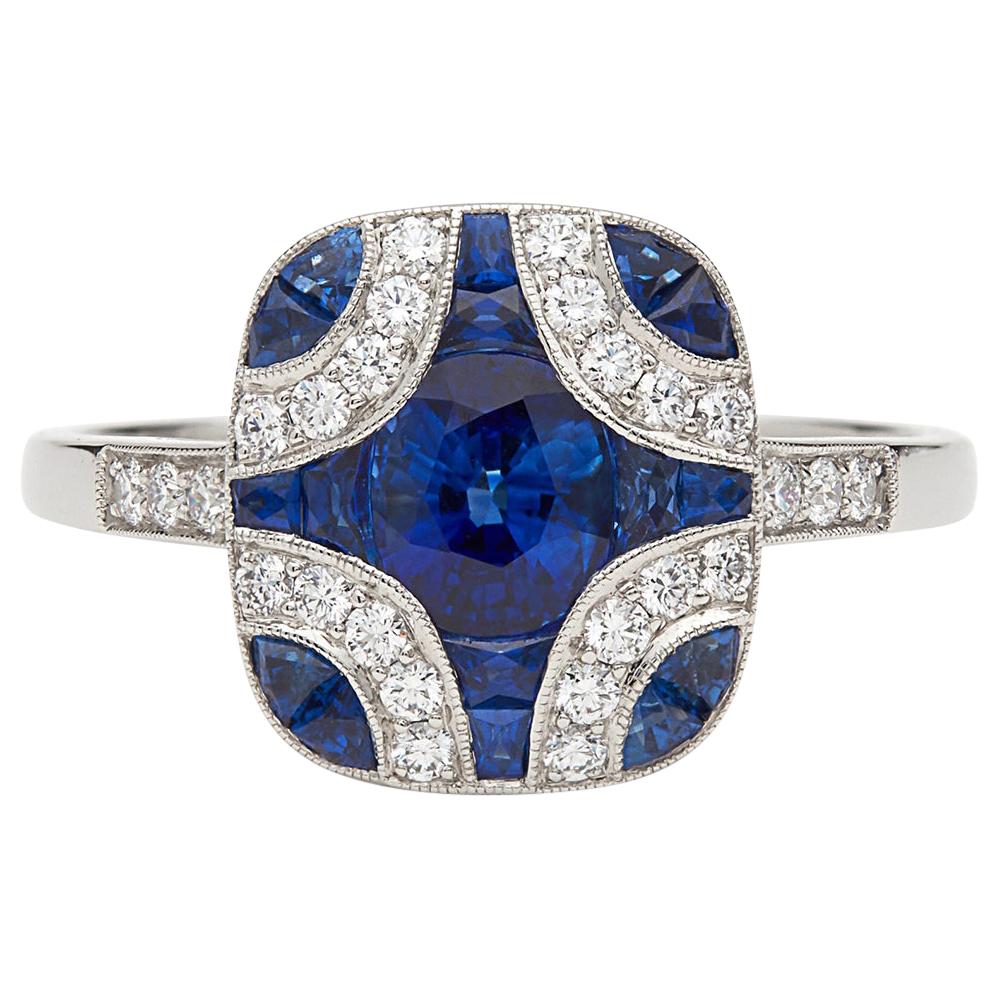 Art Deco Style Sapphire and Diamond Platinum Ring at 1stDibs