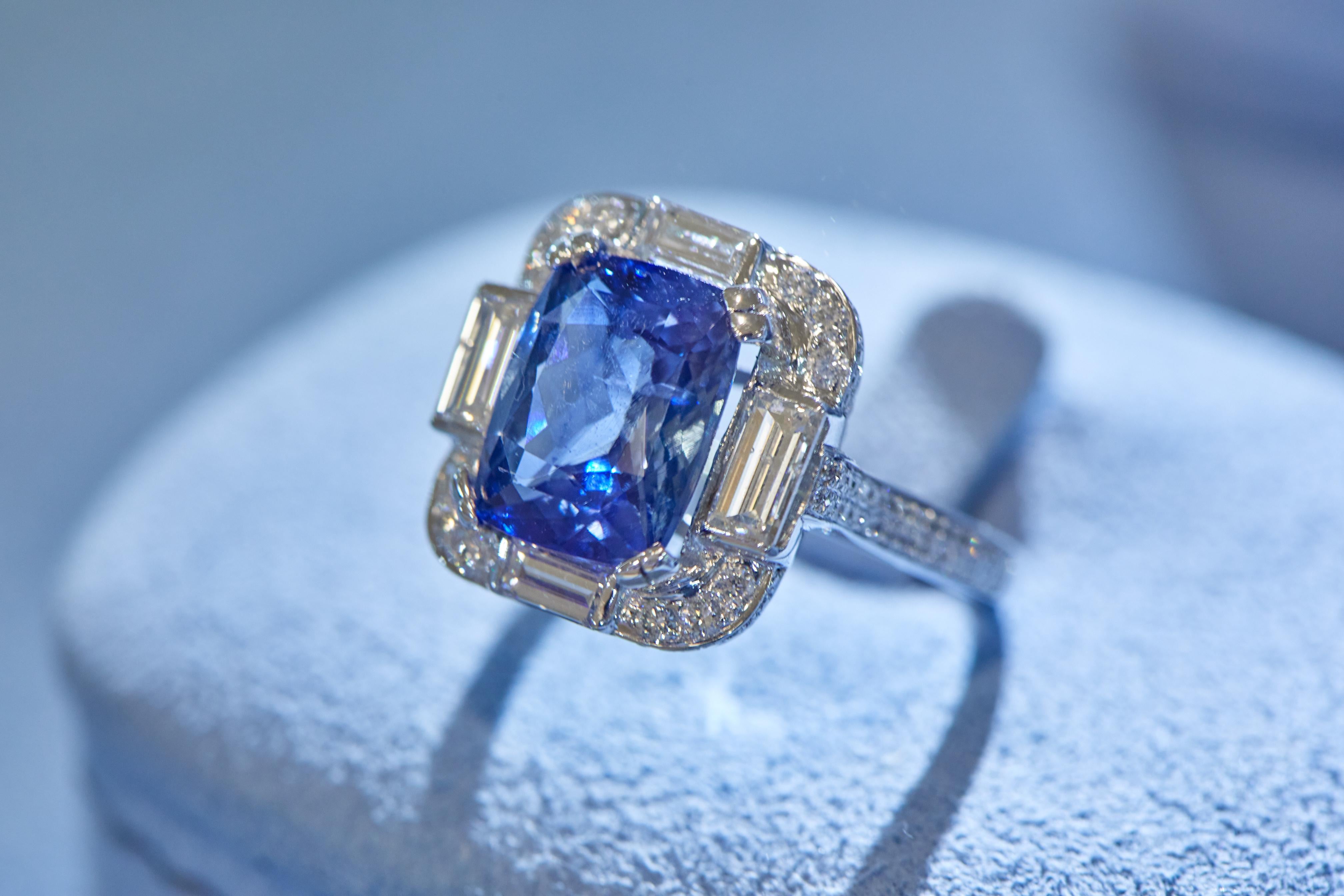 Antique Cushion Cut Art Deco-Style Sapphire and Diamond Ring For Sale