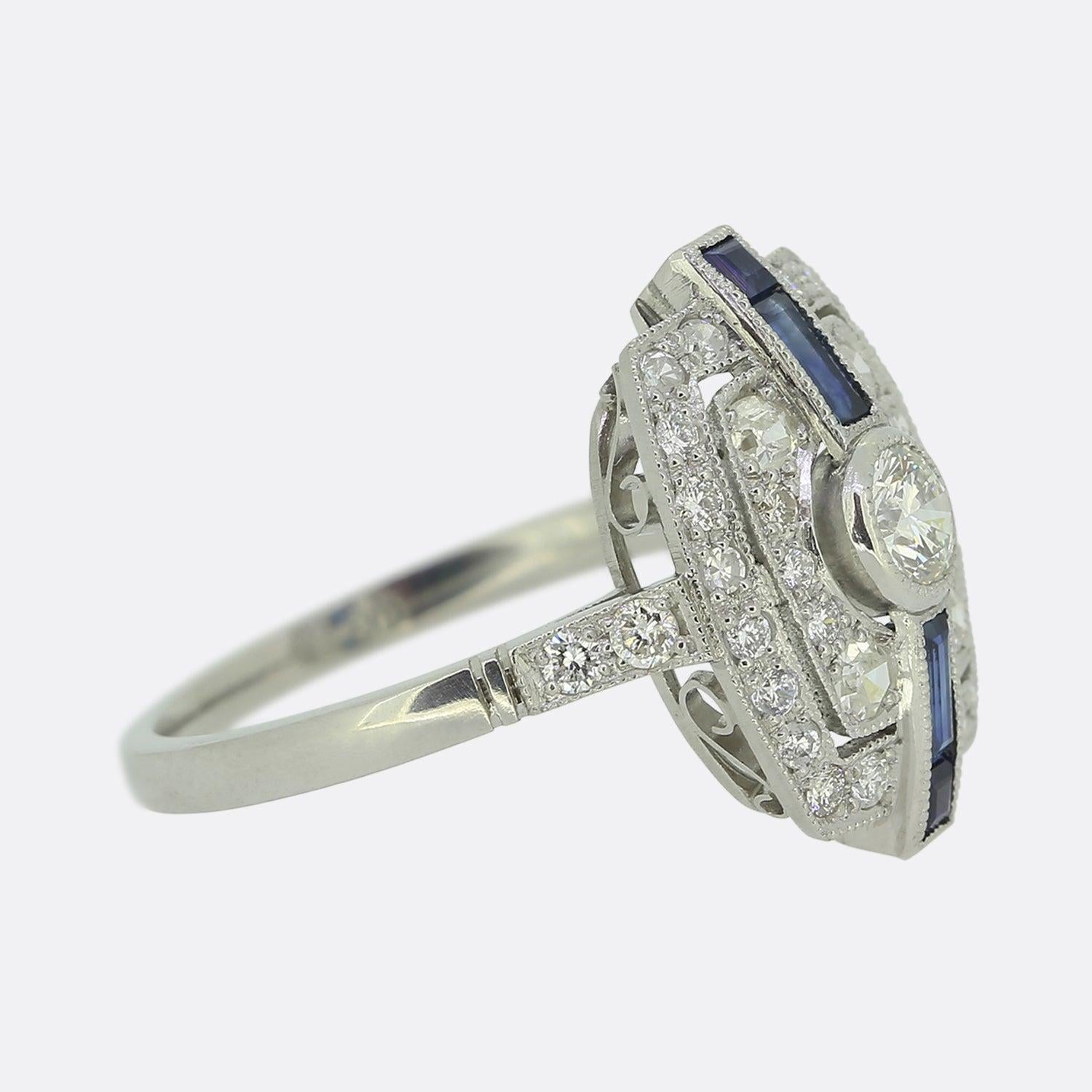 Art Déco Anello con zaffiro e diamante in stile Art Deco in vendita