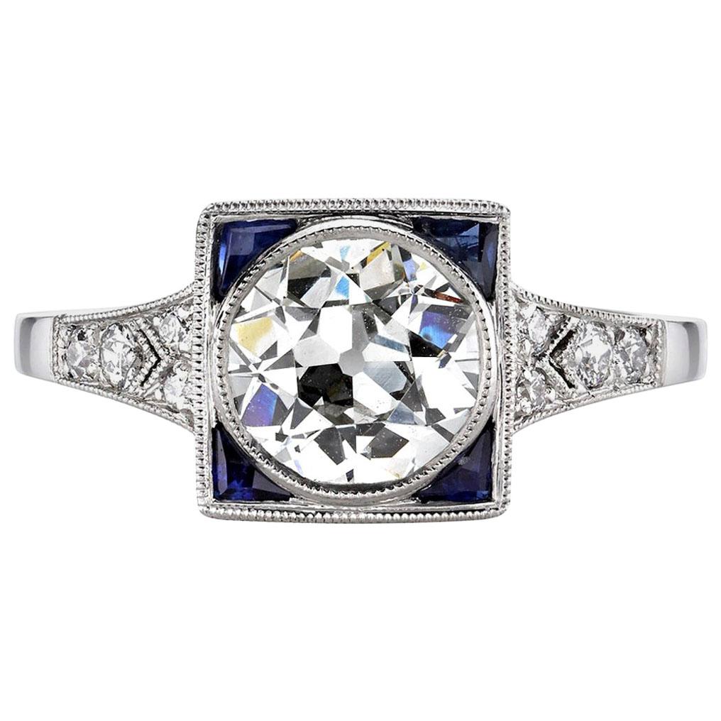 1.45 Carat Old European Cut Diamond With Sapphire Accents Set in a Platinum Ring