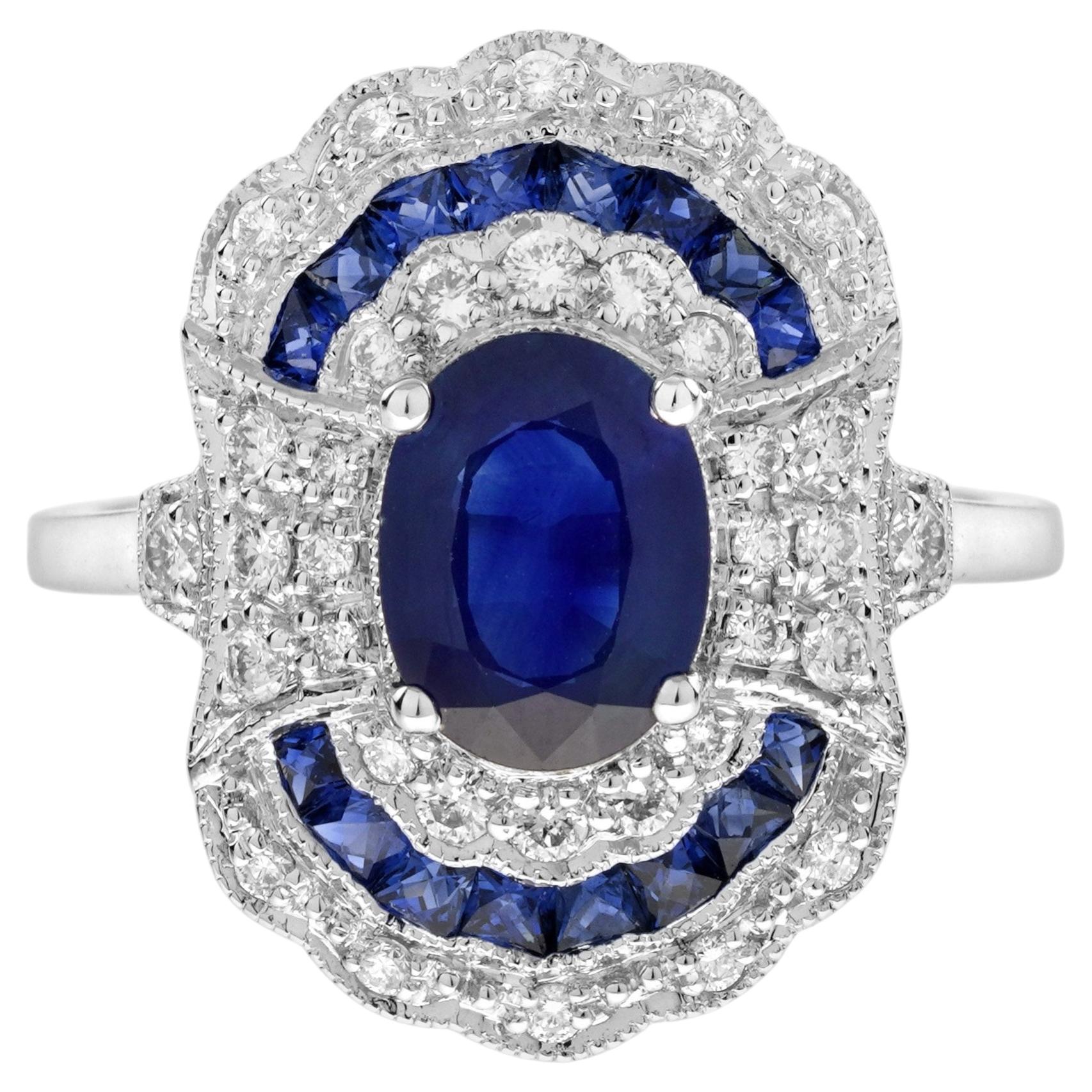 Art Deco Style Sapphire and Diamond Scalloped Engagement Ring in 18K Gold
