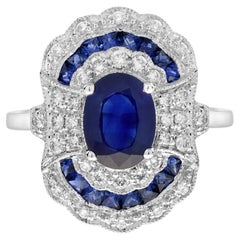 Art Deco Style Sapphire and Diamond Scalloped Engagement Ring in 18K Gold
