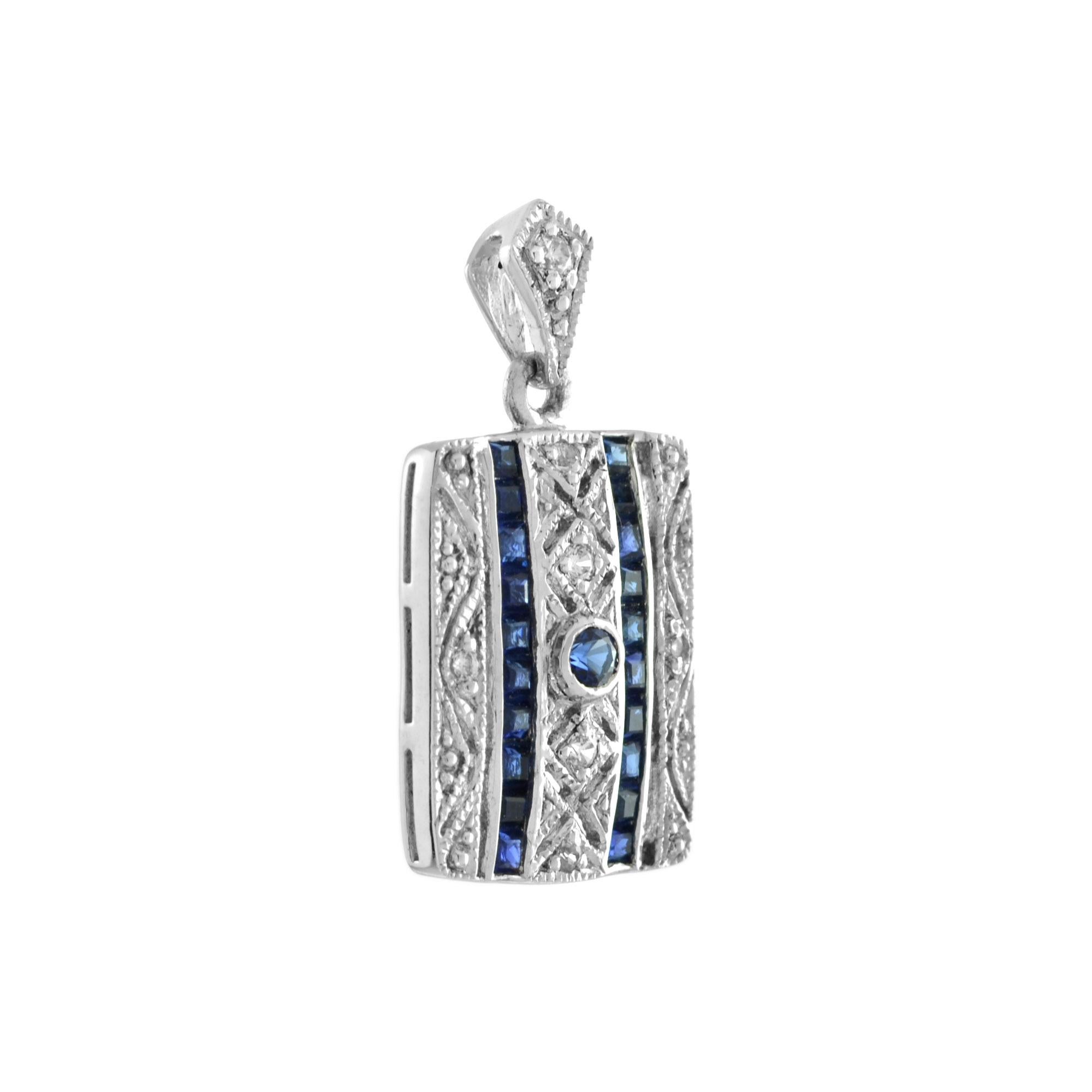 A beautiful Art Deco style 14k white gold millgrain and open work square shape pendant featuring a round and 30 French cut sapphires with total of 0.14 carats diamonds. This simple and classic pendant is perfect to wear anytime.

Information
Metal: