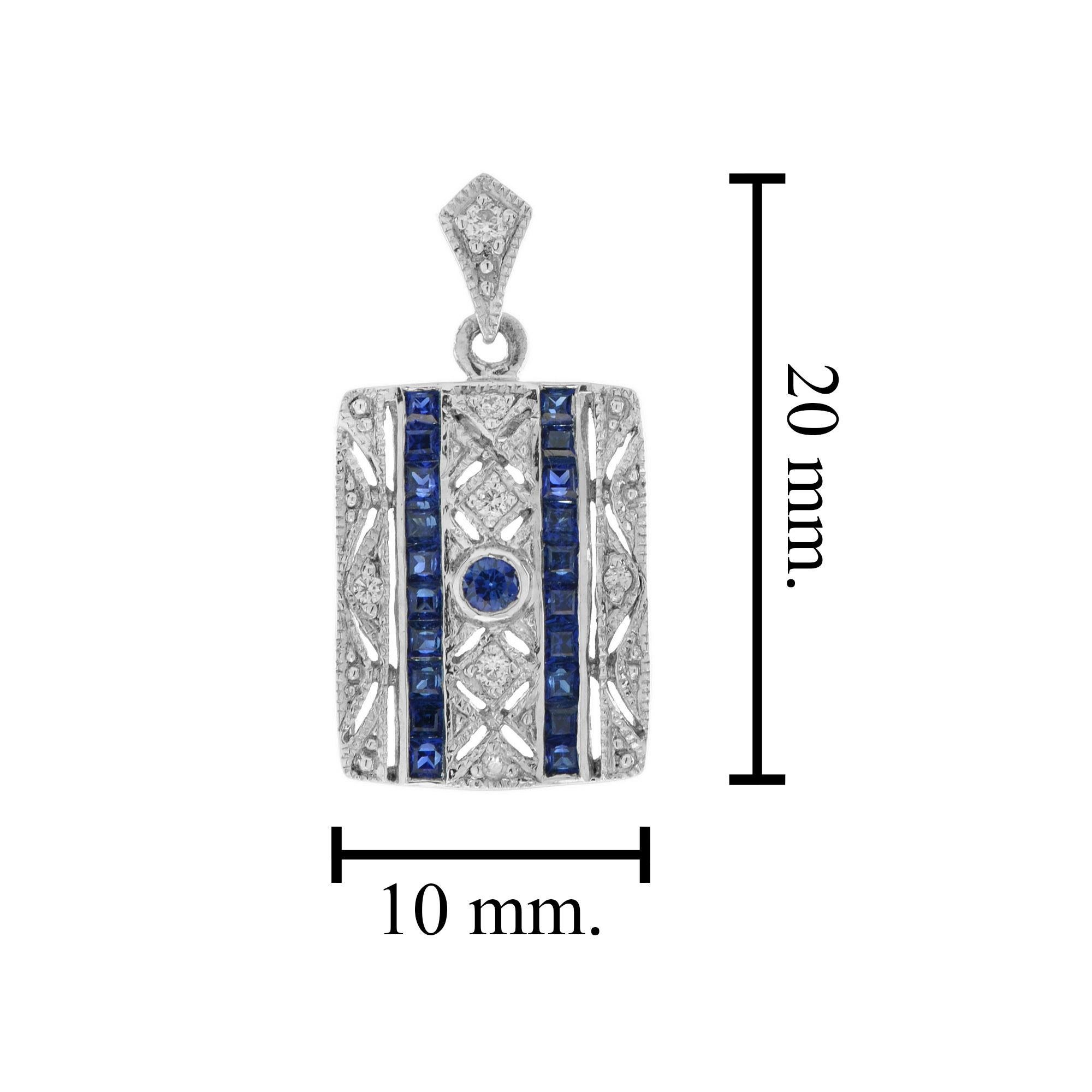 Art Deco Style Sapphire and Diamond Square Pendant in 14K White Gold In New Condition For Sale In Bangkok, TH