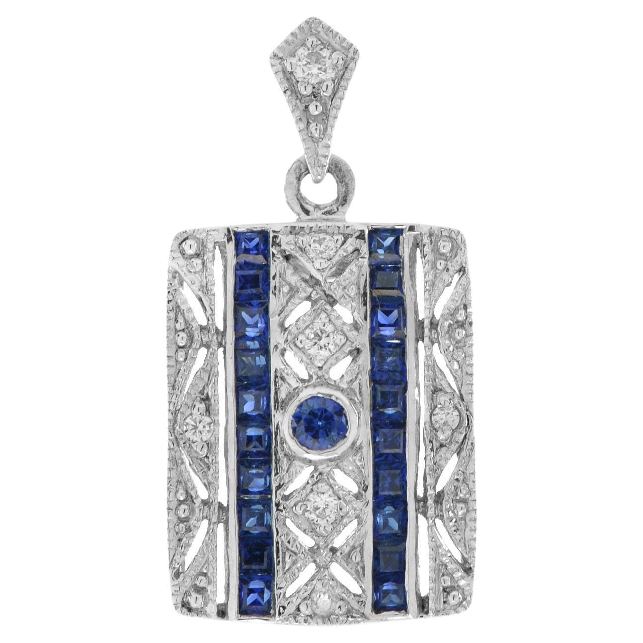 Art Deco Style Sapphire and Diamond Square Pendant in 14K White Gold For Sale
