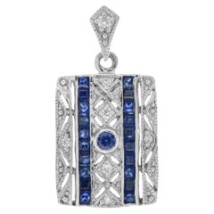 Art Deco Style Sapphire and Diamond Square Pendant in 14K White Gold