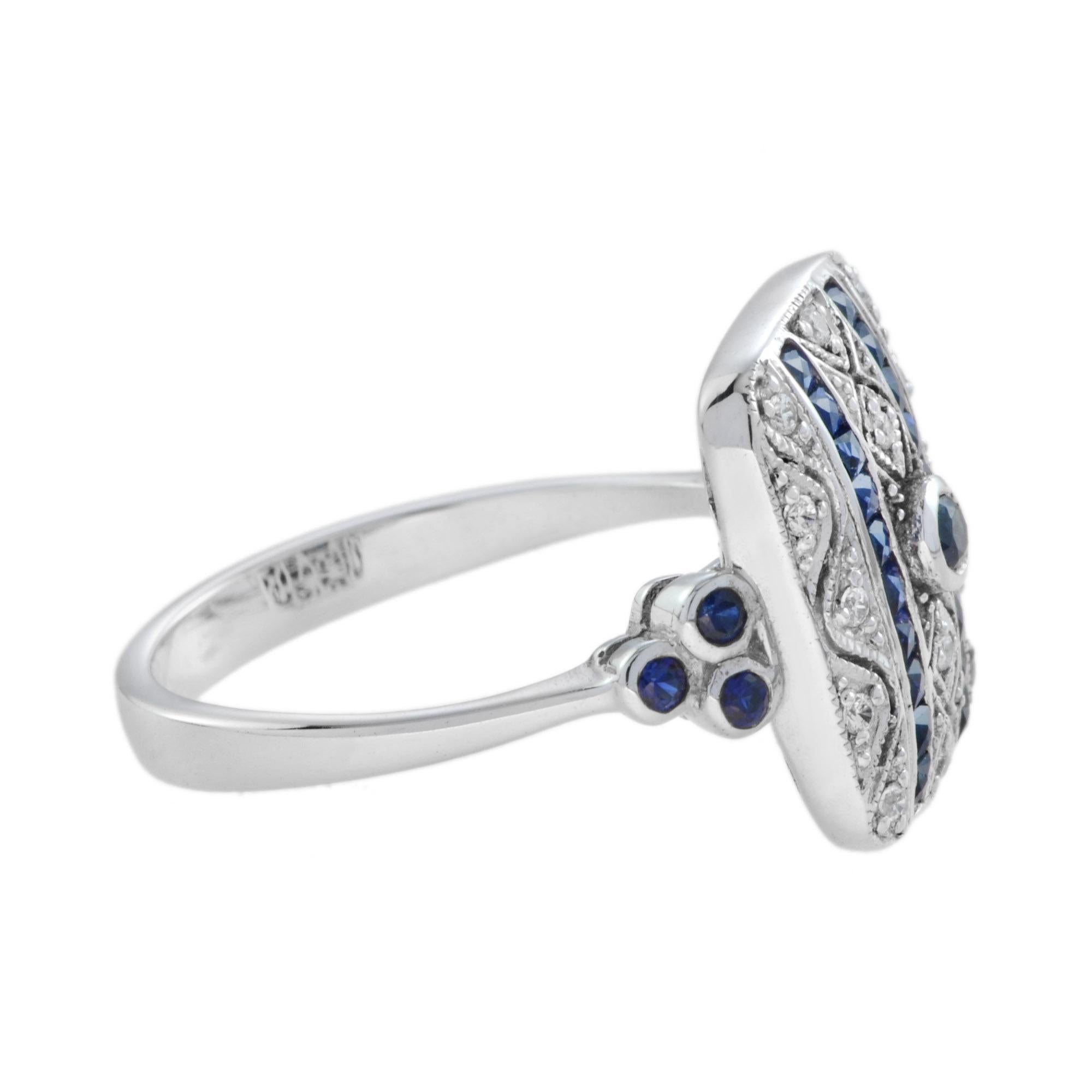 Art Deco Style Sapphire and Diamond Square Ring in 14K White Gold 3