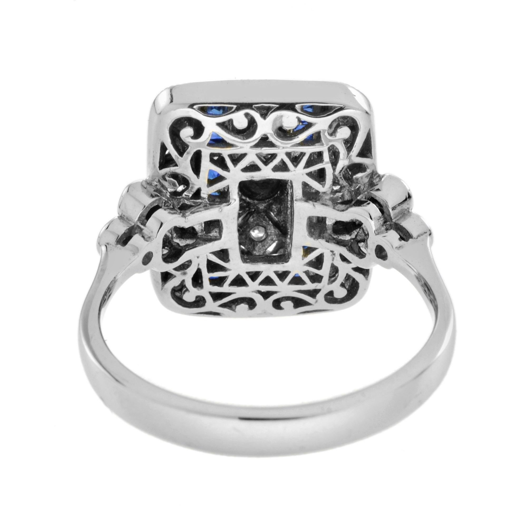 For Sale:  Art Deco Style Sapphire and Diamond Square Ring in 14K White Gold 4