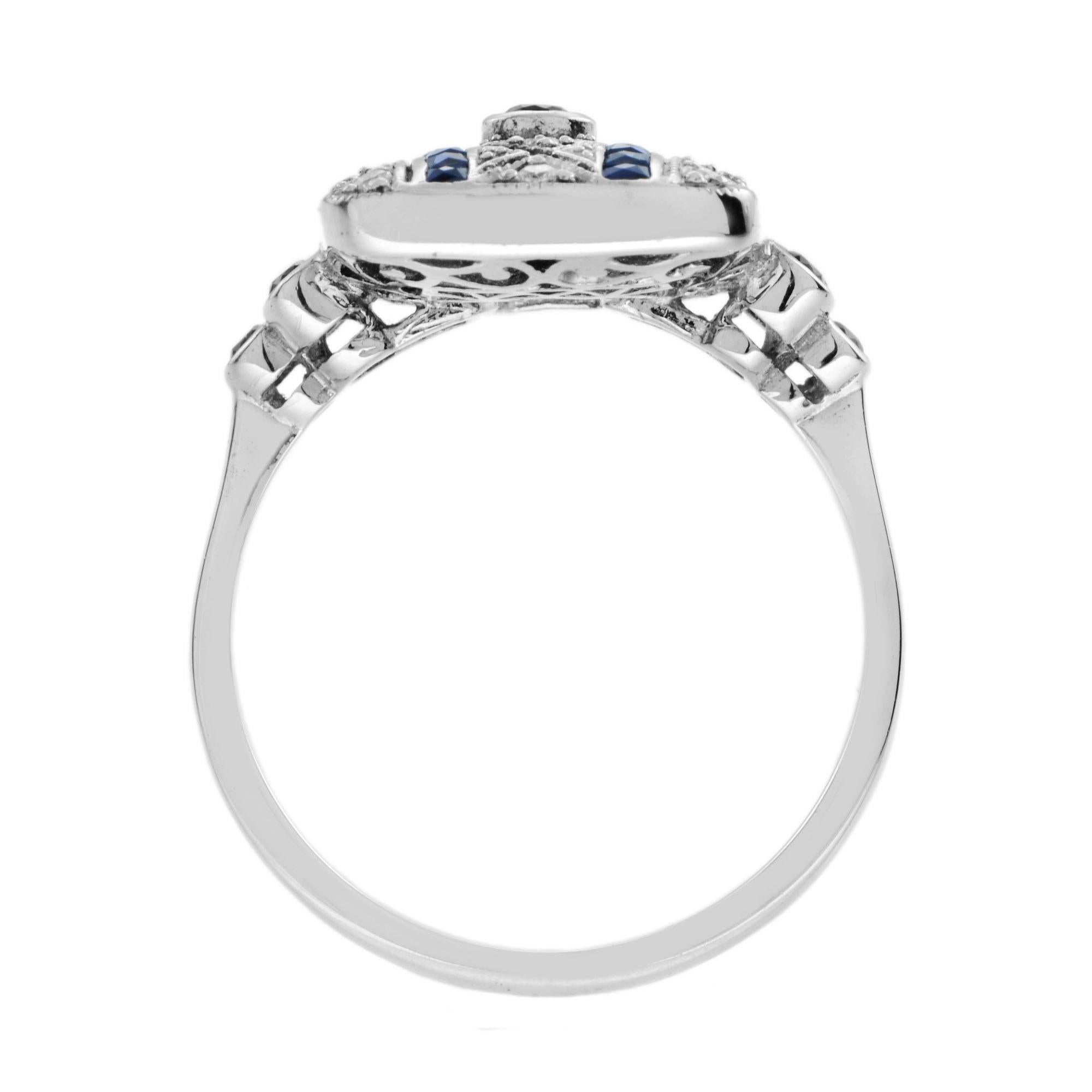 Art Deco Style Sapphire and Diamond Square Ring in 14K White Gold 5