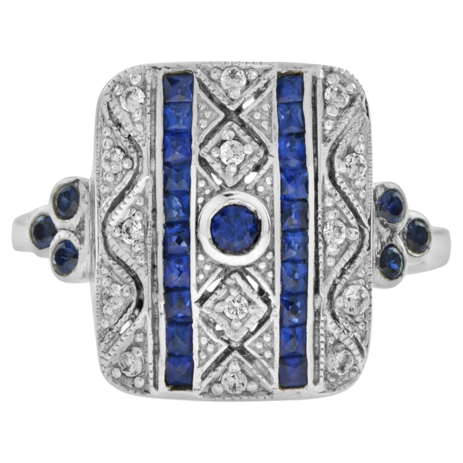 For Sale:  Art Deco Style Sapphire and Diamond Square Ring in 14K White Gold