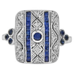 Art Deco Style Sapphire and Diamond Square Ring in 14K White Gold