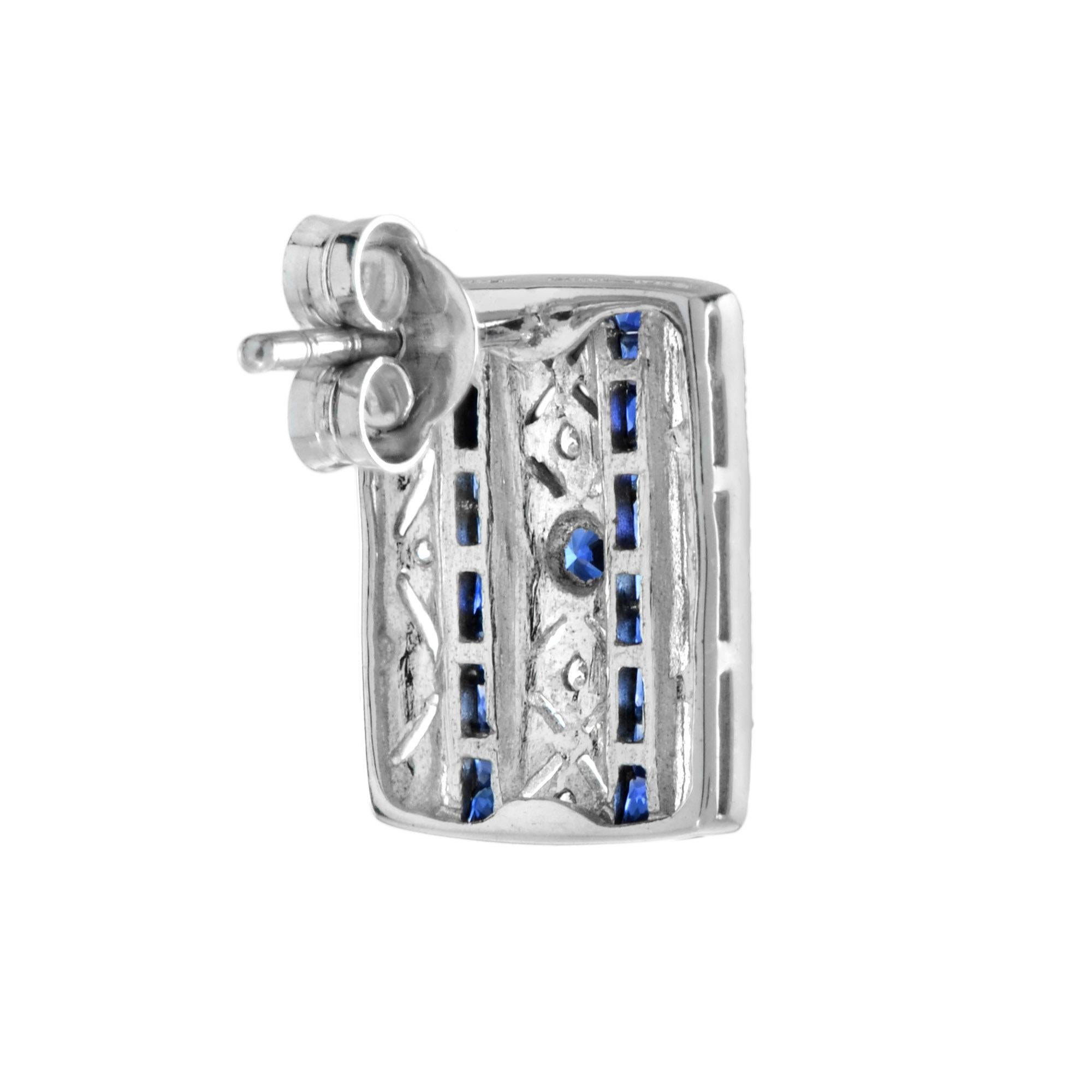 Art Deco Style Sapphire and Diamond Square Stud Earrings in 14K White Gold For Sale 1