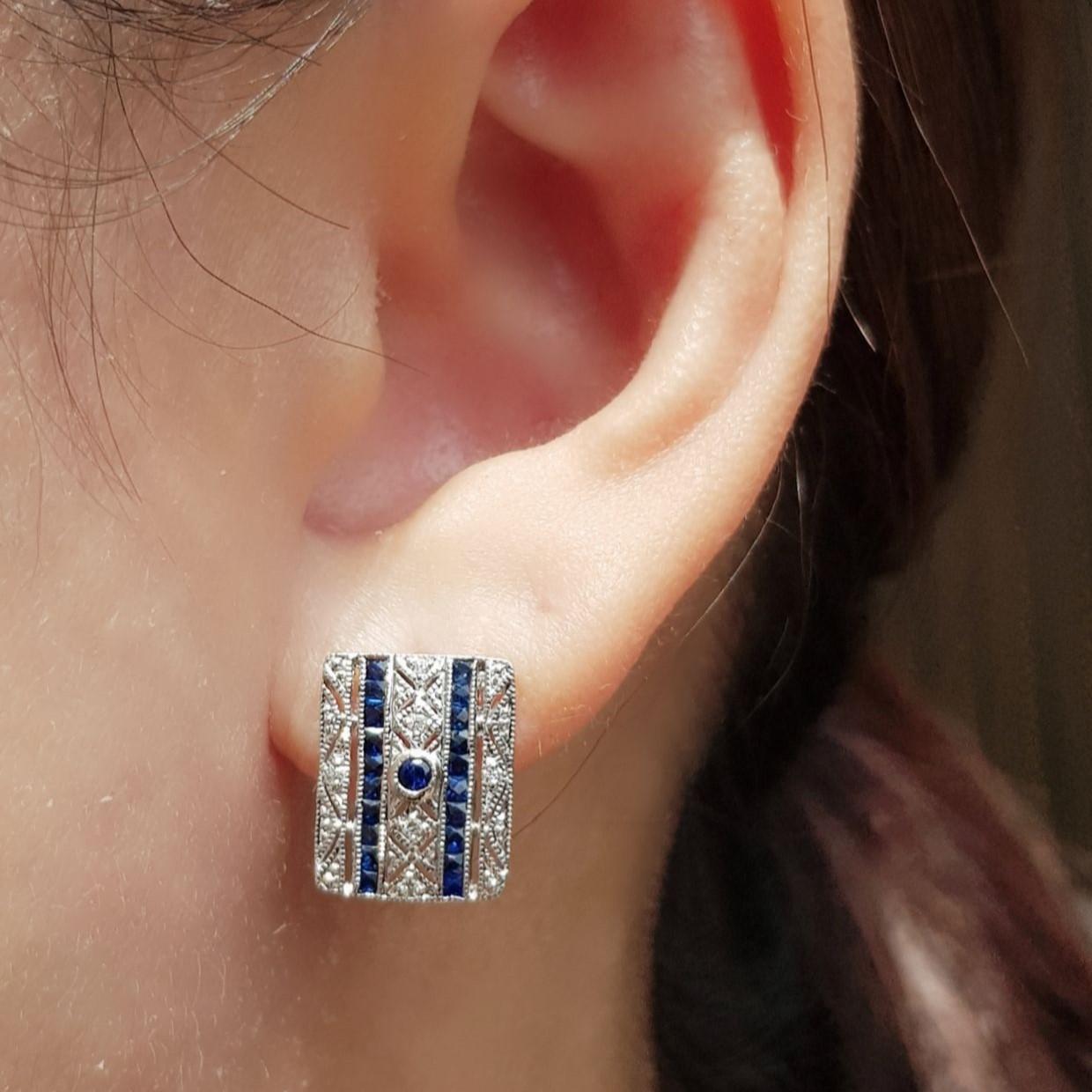 Art Deco Style Sapphire and Diamond Square Stud Earrings in 14K White Gold For Sale 4