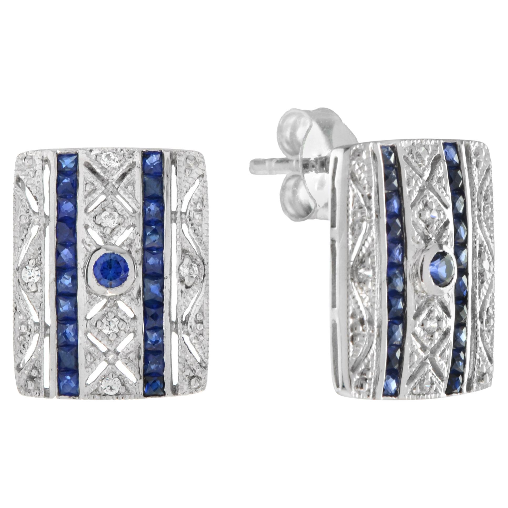 Art Deco Style Sapphire and Diamond Square Stud Earrings in 14K White Gold For Sale