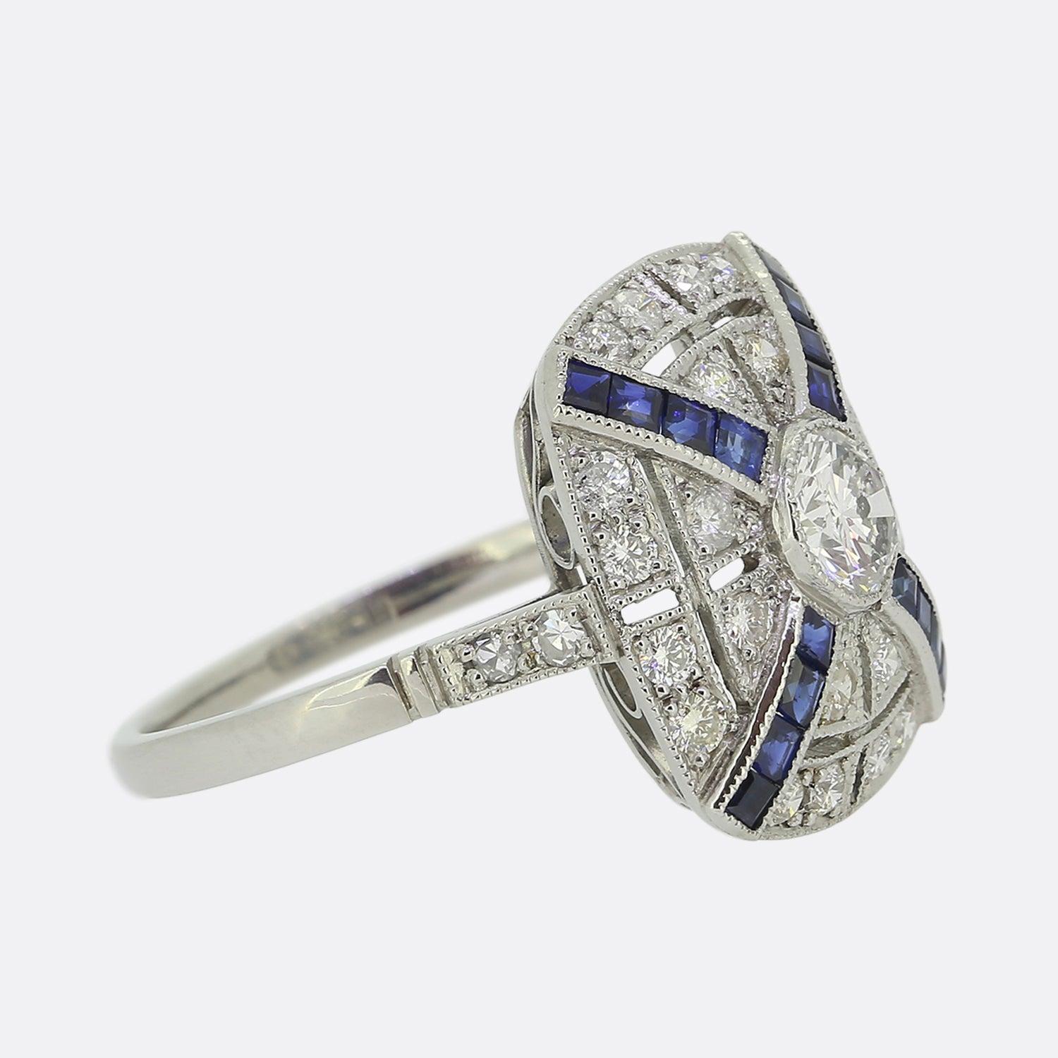 Brilliant Cut Art Deco Style Sapphire and Diamond Target Ring For Sale