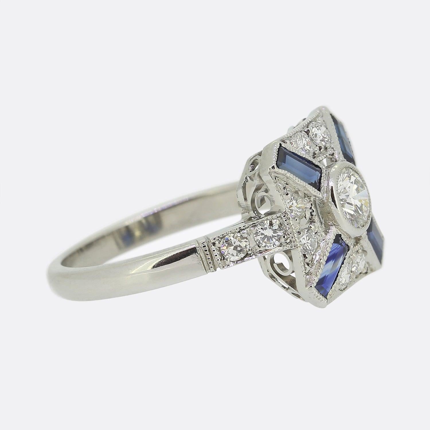 Brilliant Cut Art Deco Style Sapphire and Diamond Target Ring For Sale
