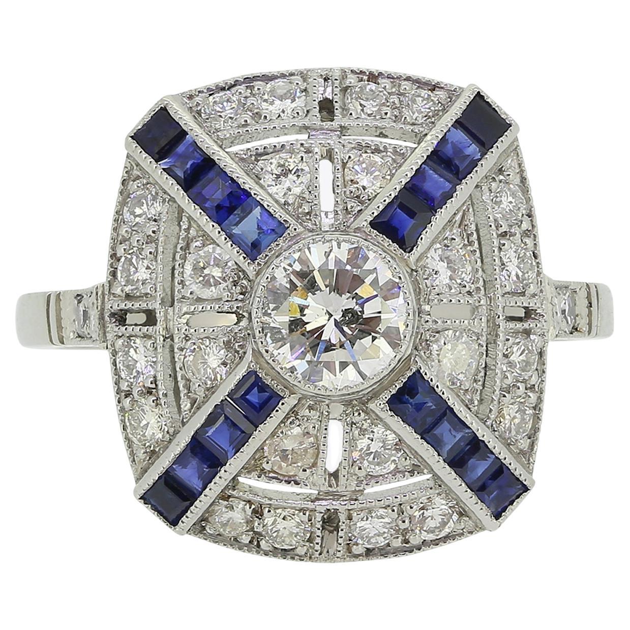 Art Deco Style Sapphire and Diamond Target Ring For Sale