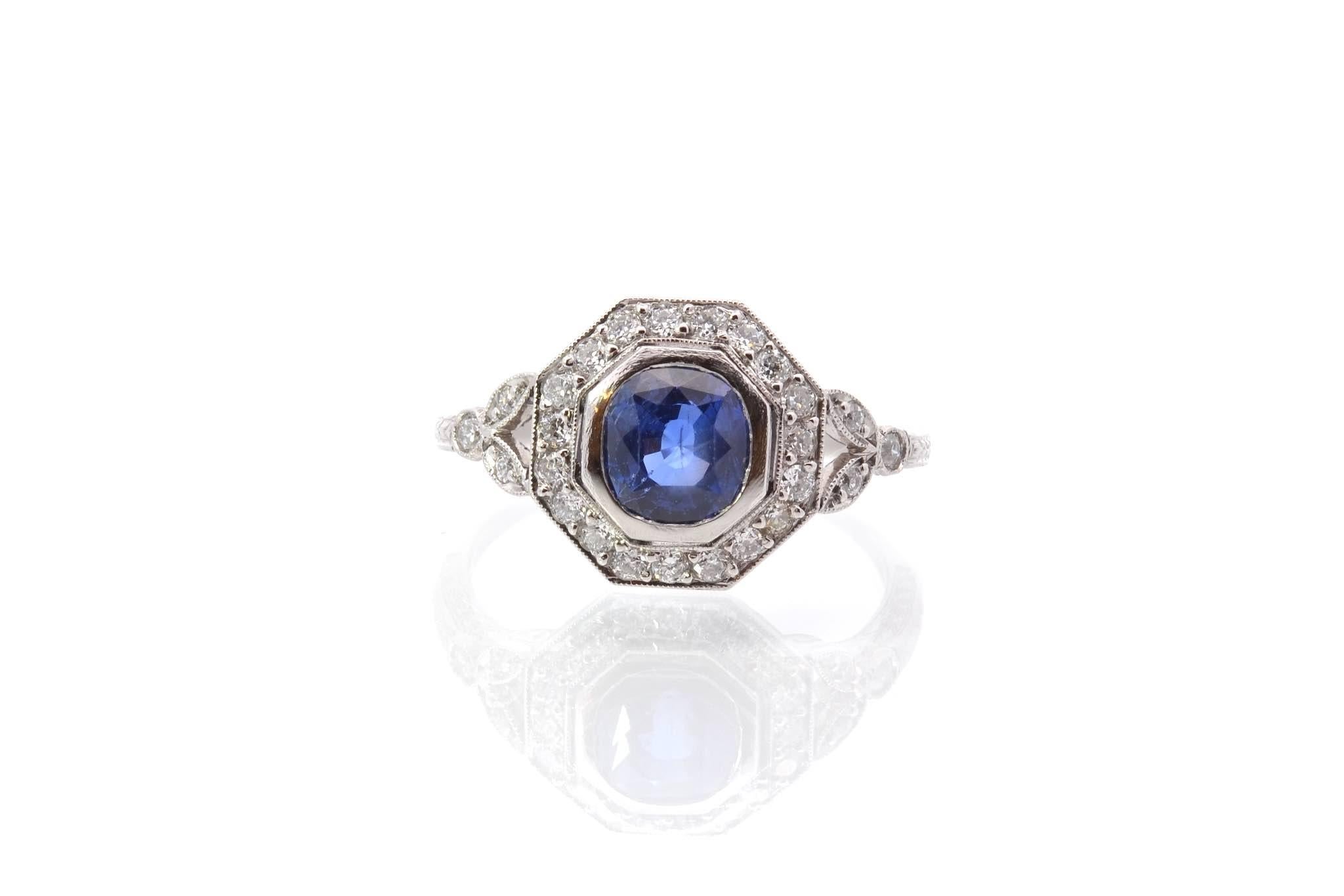 Stones: Sapphire: 1.46 cts, 25 diamonds: 0.40 ct.
Material: Platinum
Dimensions: 1.2 cm
Weight: 4.7g
Period: Recent art deco style (handmade)
Size: 54 (free sizing)
Certificate
Ref. : 25140