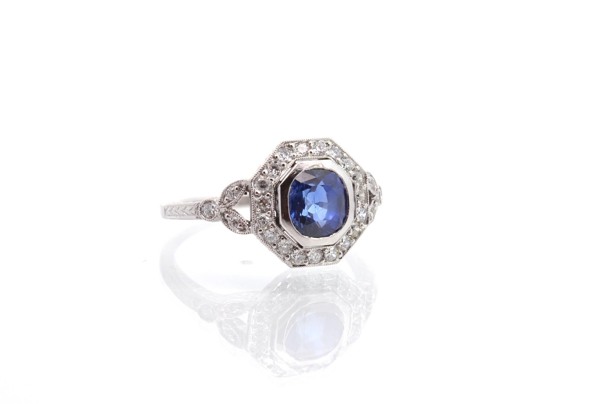 Art Deco Art déco style sapphire and diamonds ring in platinum For Sale