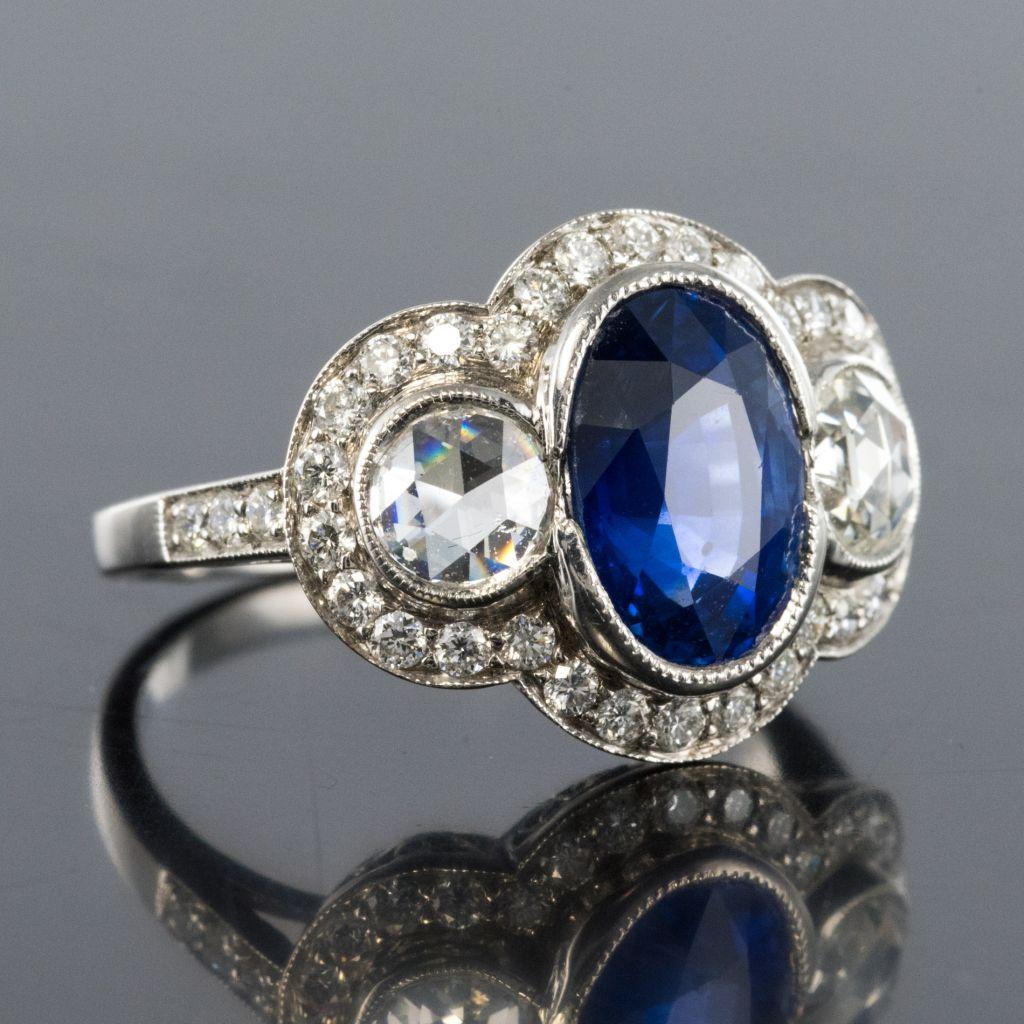 French Art Deco Style 3.22 Carat Sapphire Diamond 18 Karat White Gold Ring 3