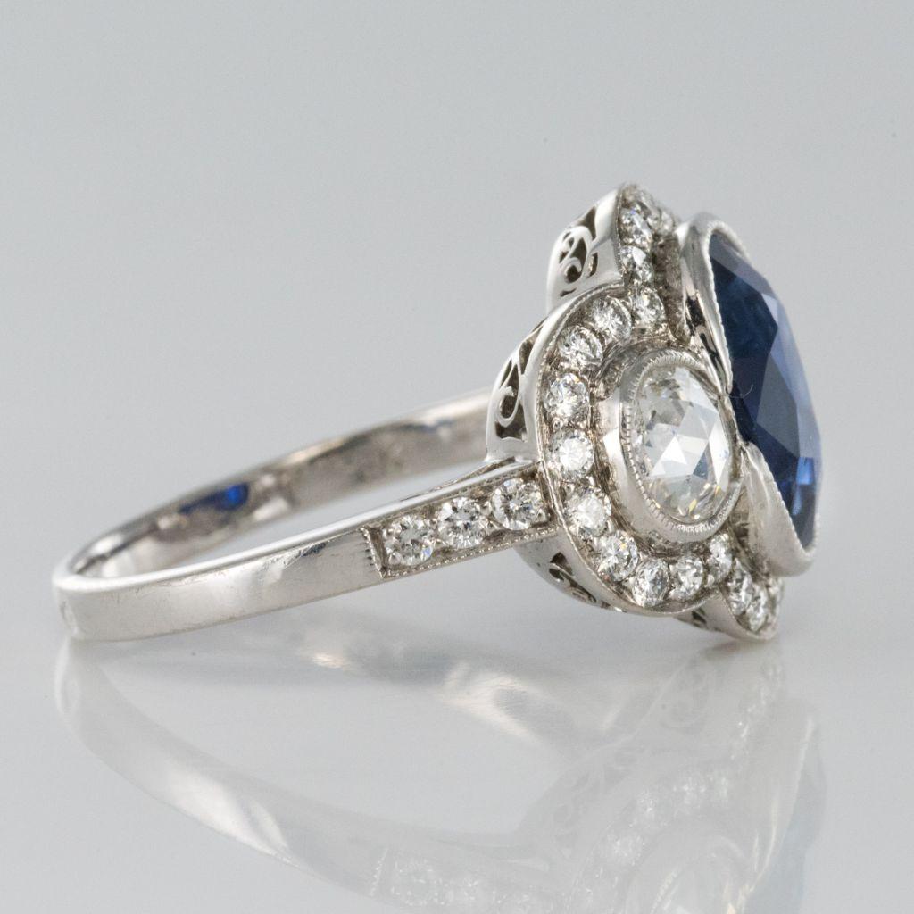 French Art Deco Style 3.22 Carat Sapphire Diamond 18 Karat White Gold Ring 6