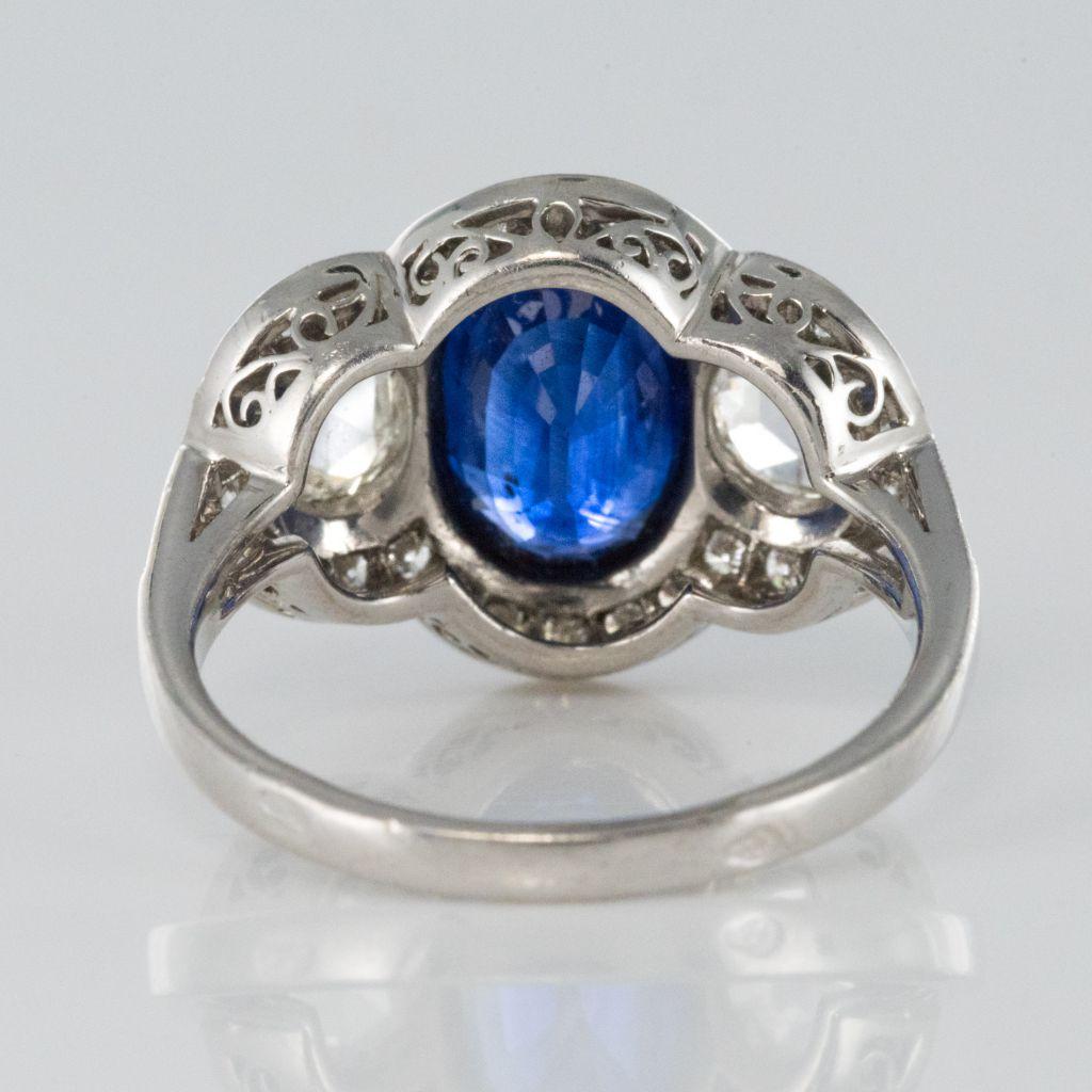 French Art Deco Style 3.22 Carat Sapphire Diamond 18 Karat White Gold Ring 7