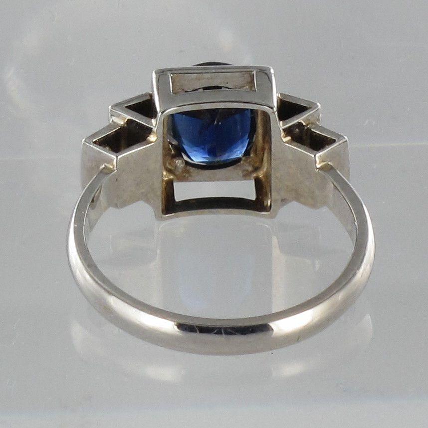 Art Deco Style Sapphire Diamond 18 Karat White Gold Ring For Sale 13