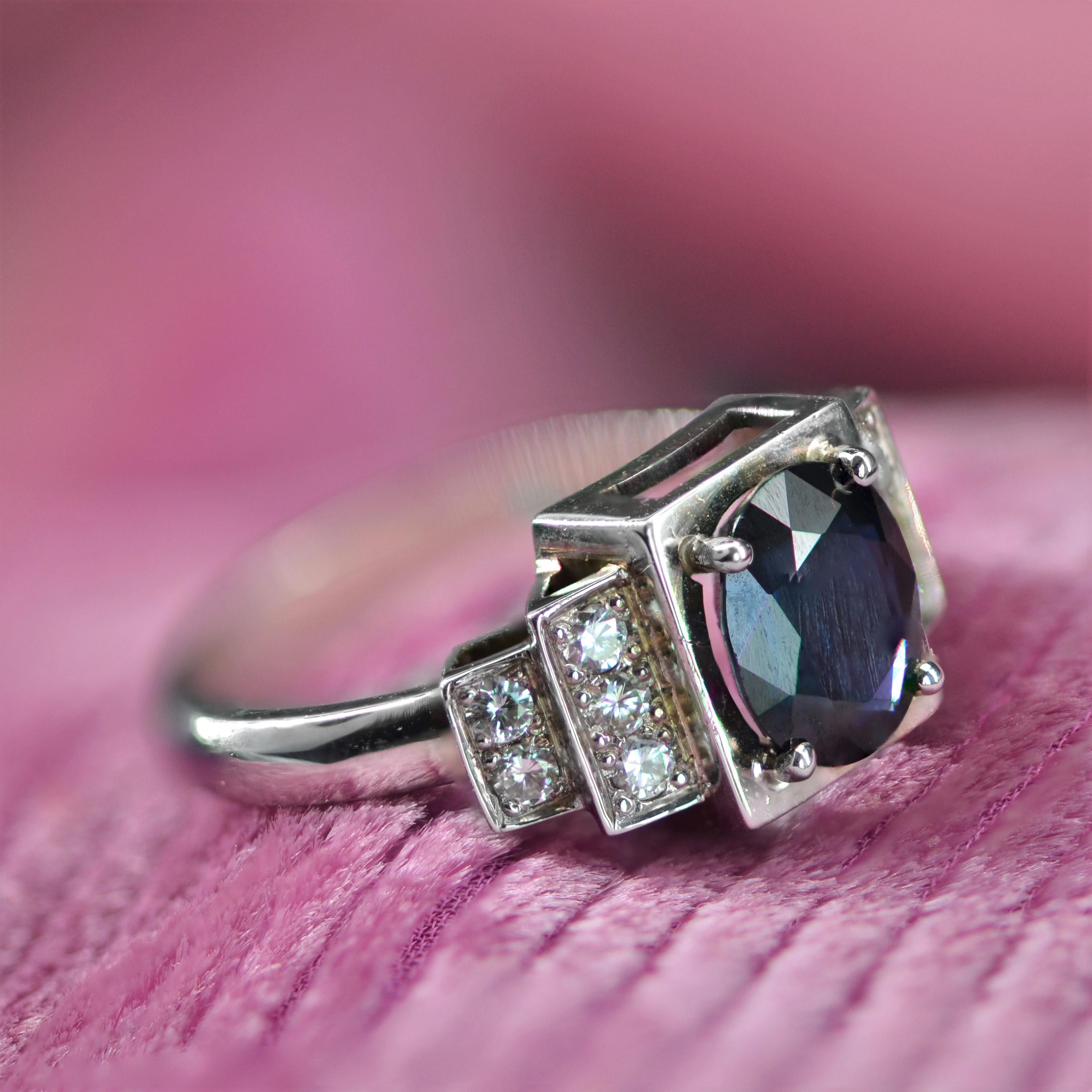 Art Deco Style Sapphire Diamond 18 Karat White Gold Ring For Sale 11