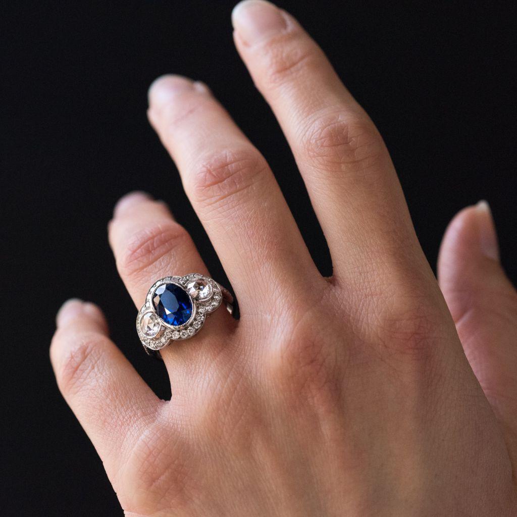 Women's French Art Deco Style 3.22 Carat Sapphire Diamond 18 Karat White Gold Ring
