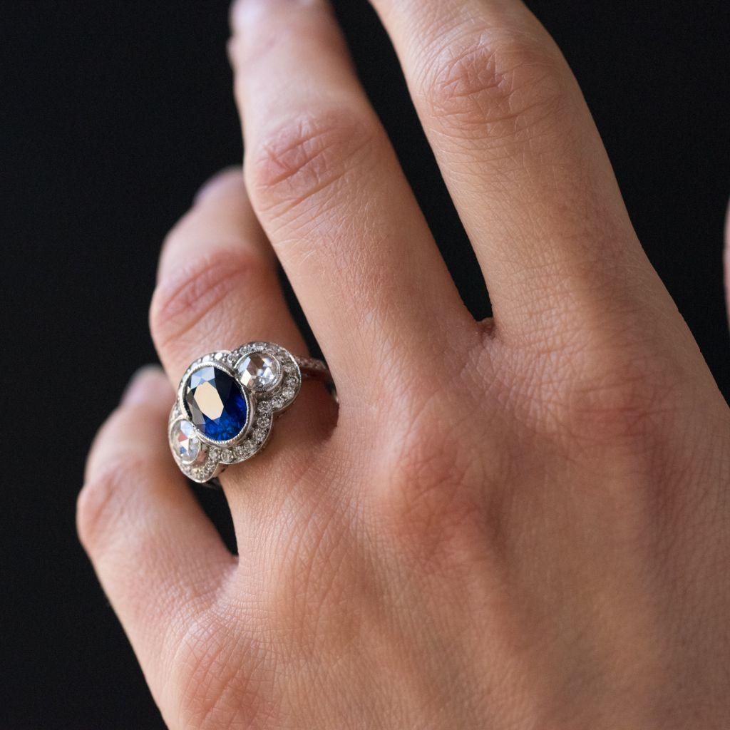 French Art Deco Style 3.22 Carat Sapphire Diamond 18 Karat White Gold Ring 5