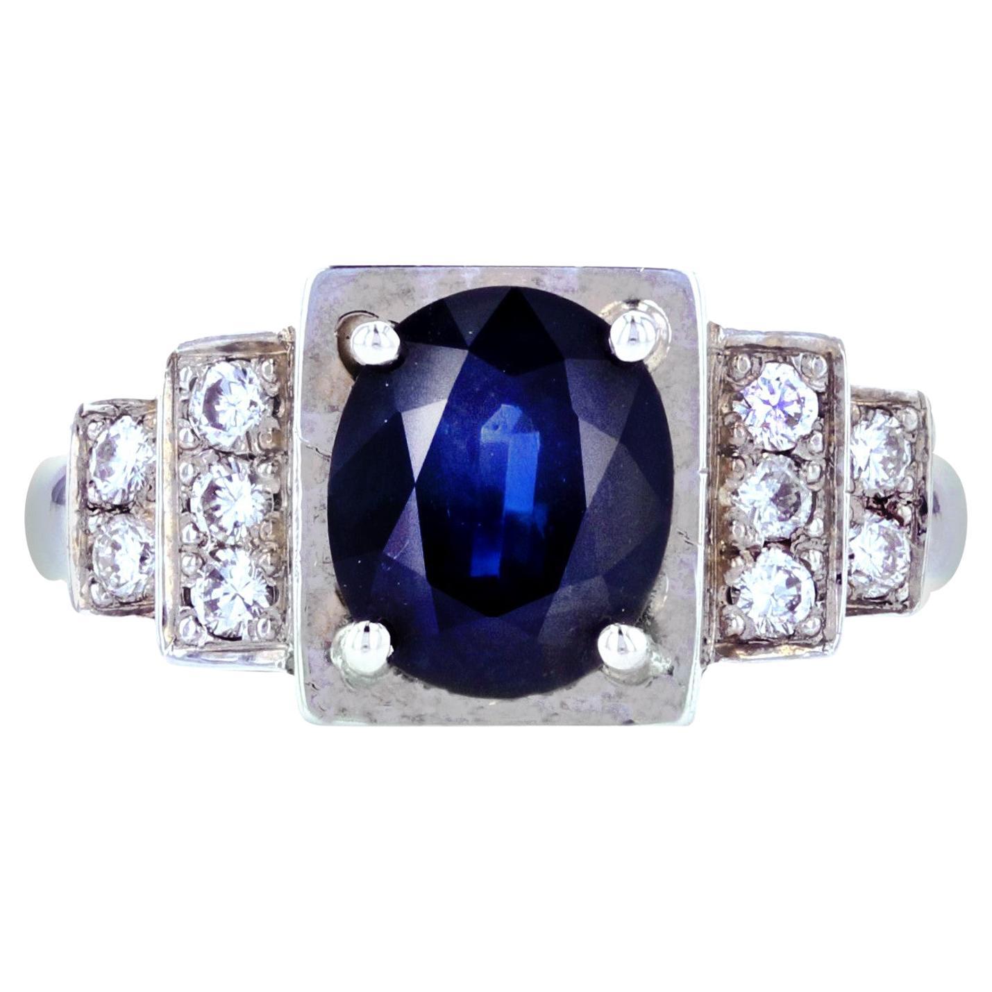 Art Deco Style Sapphire Diamond 18 Karat White Gold Ring For Sale