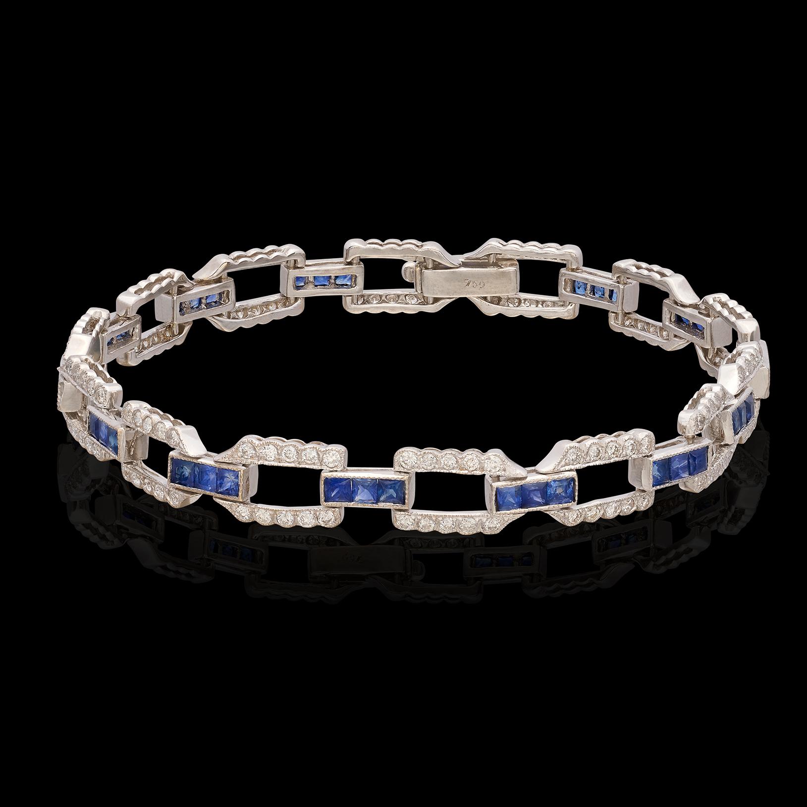 Round Cut Art Deco Style Sapphire & Diamond 18k White Gold Bracelet For Sale