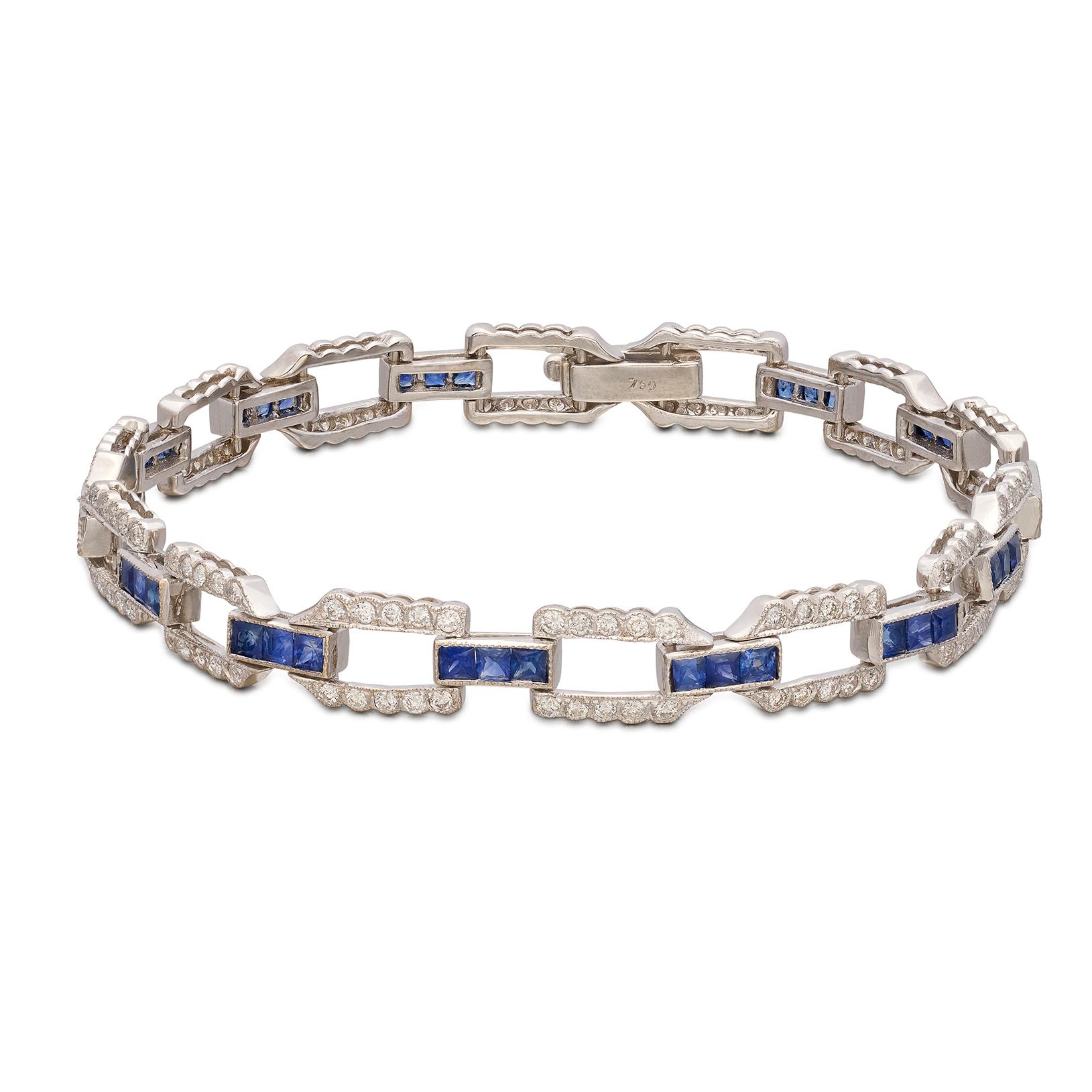 Art Deco Style Sapphire & Diamond 18k White Gold Bracelet For Sale 3