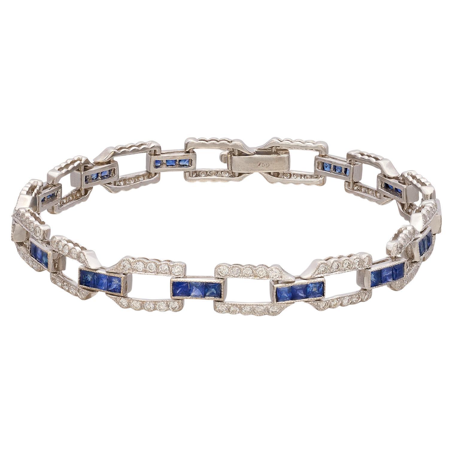 Art Deco Style Sapphire & Diamond 18k White Gold Bracelet