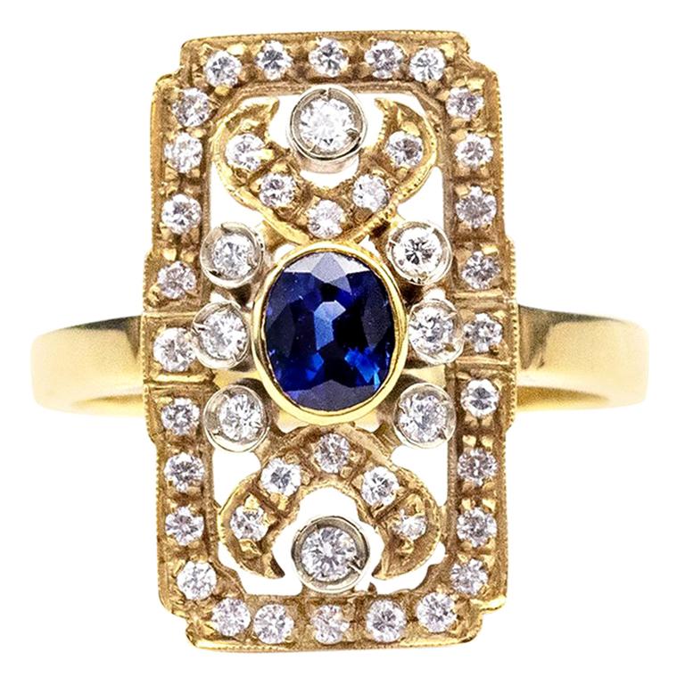 Anello con zaffiro, diamante e oro 18 carati in stile Art Deco