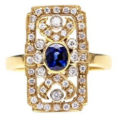 Anello con zaffiro, diamante e oro 18 carati in stile Art Deco