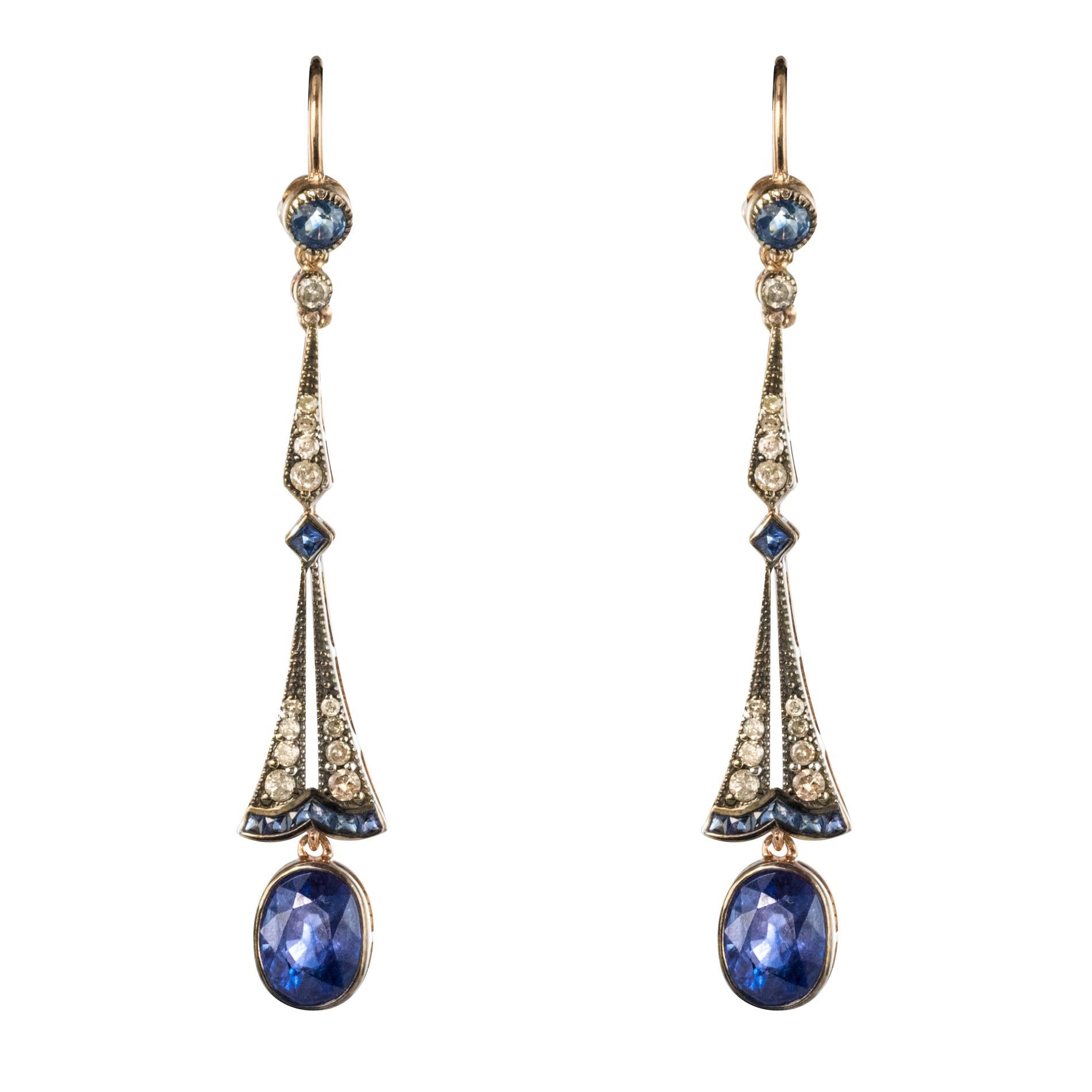 Art Deco Style Sapphire Diamond Dangle Earrings