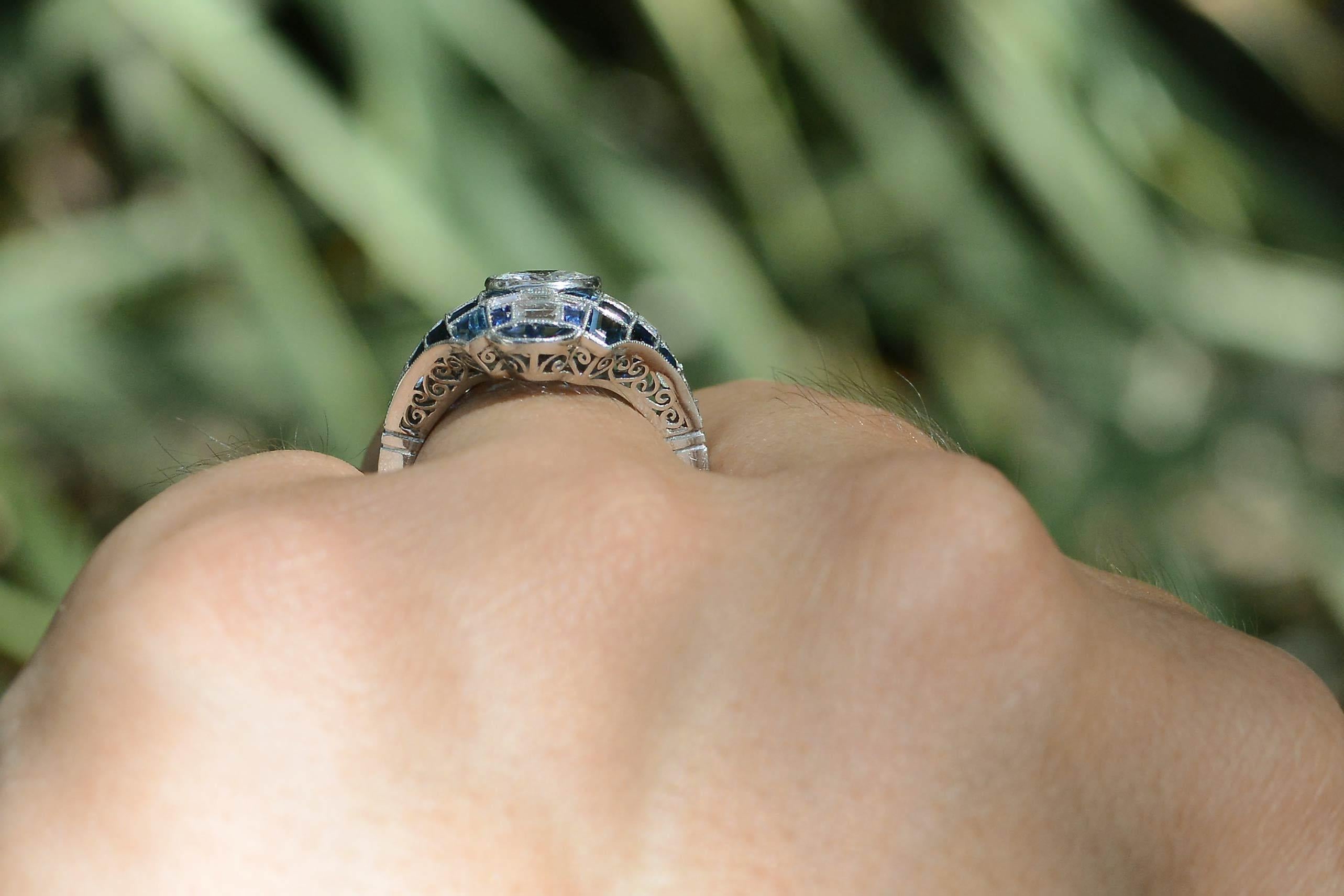 Art Deco Style Sapphire Diamond Dome Engagement Ring In New Condition In Santa Barbara, CA