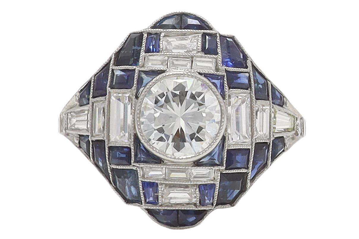 Women's Art Deco Style Sapphire Diamond Dome Engagement Ring