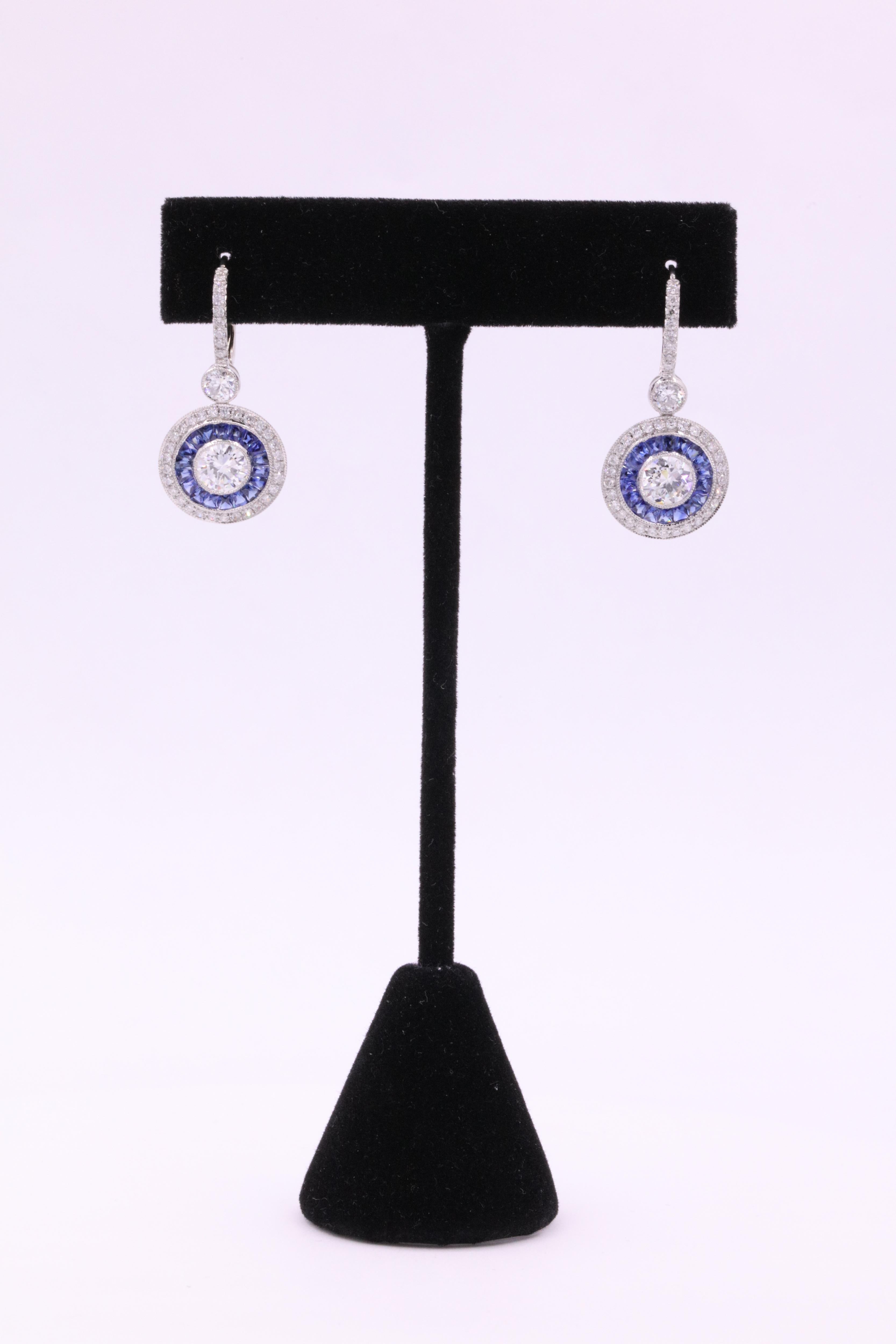 Round Cut Art Deco Style Sapphire Diamond Drop Earrings 4.15 Carat Platinum